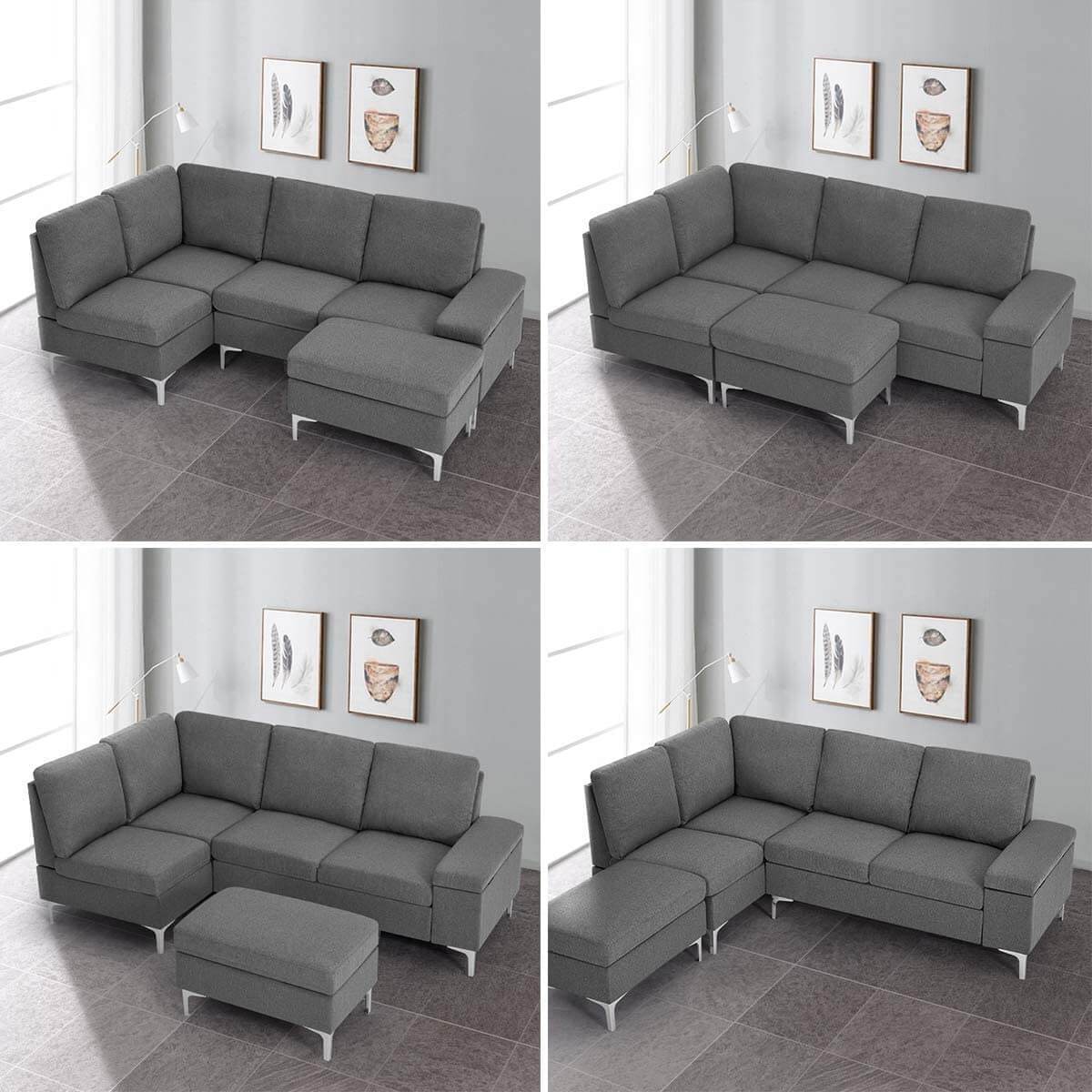 Homrest Convertible Sectional Sofa Couch with Ottoman, Sofa Armrest with Storage Function, L-Shaped Sofa with Gray Linen Fabric, for Living Room or Apartment (Left)