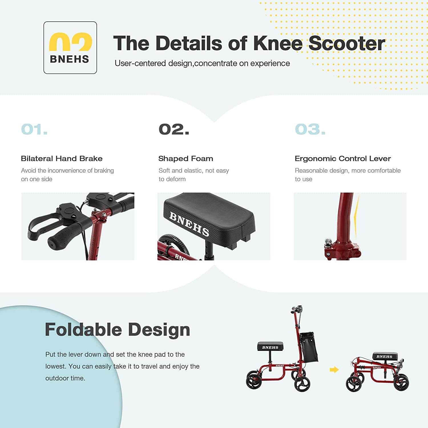 Homrest knee scooter with grooved brake pads folding knee walker for foot injured adults, red frame