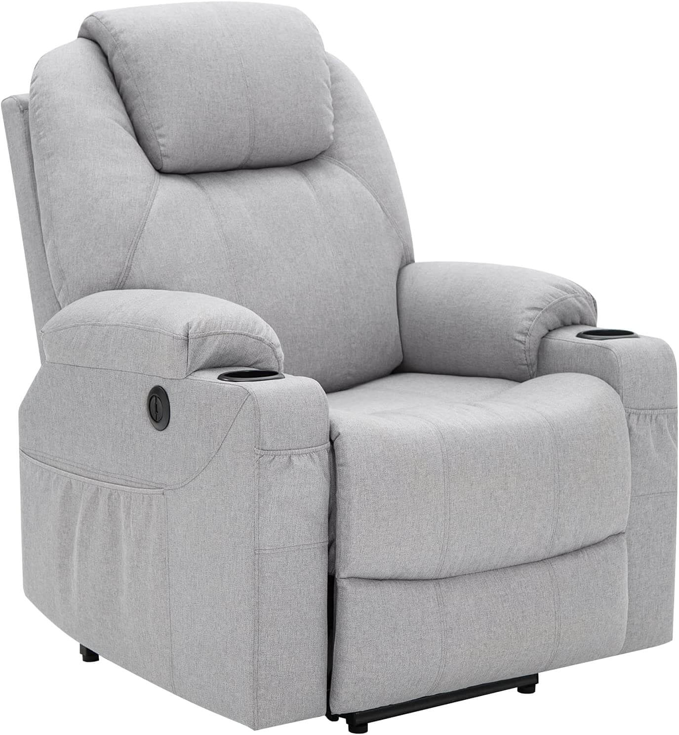 Homrest Electric Power Recliner Lift Chair Fabric Electric Recliner for Elderly, Heated Vibration Massage Sofa with Side Pockets, USB Charge Port & Remote Control(Gray)