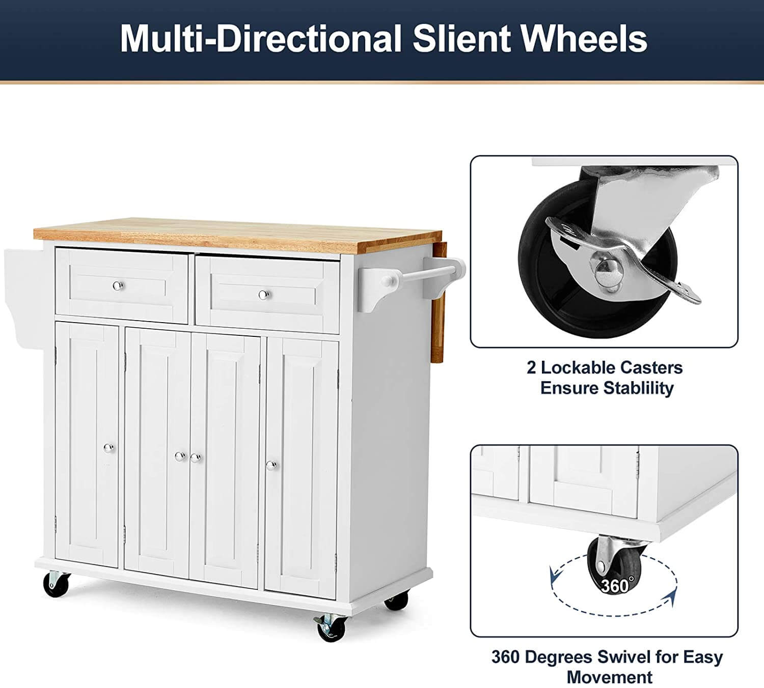 Rolling Kitchen Island Cart with Storage & Drop-Leaf Rubber Wood Tabletop, Lockable Wheels, Trolley Cart Utility Cabinet, Towel Rack, Spice Rack(White)