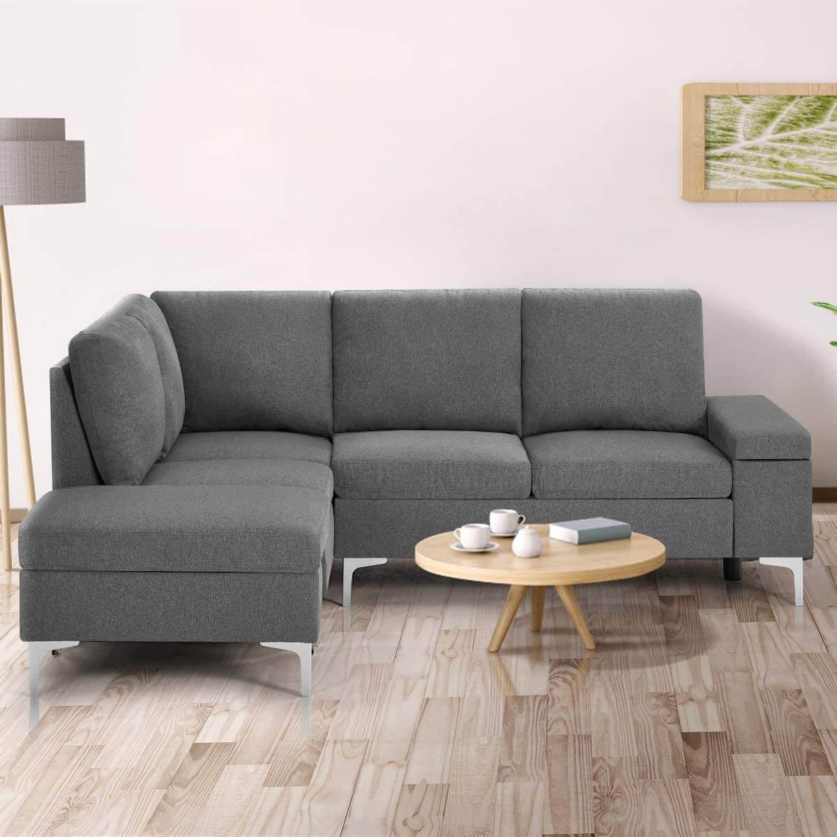 Homrest Convertible Sectional Sofa Couch with Ottoman, Sofa Armrest with Storage Function, L-Shaped Sofa with Gray Linen Fabric, for Living Room or Apartment (Left)