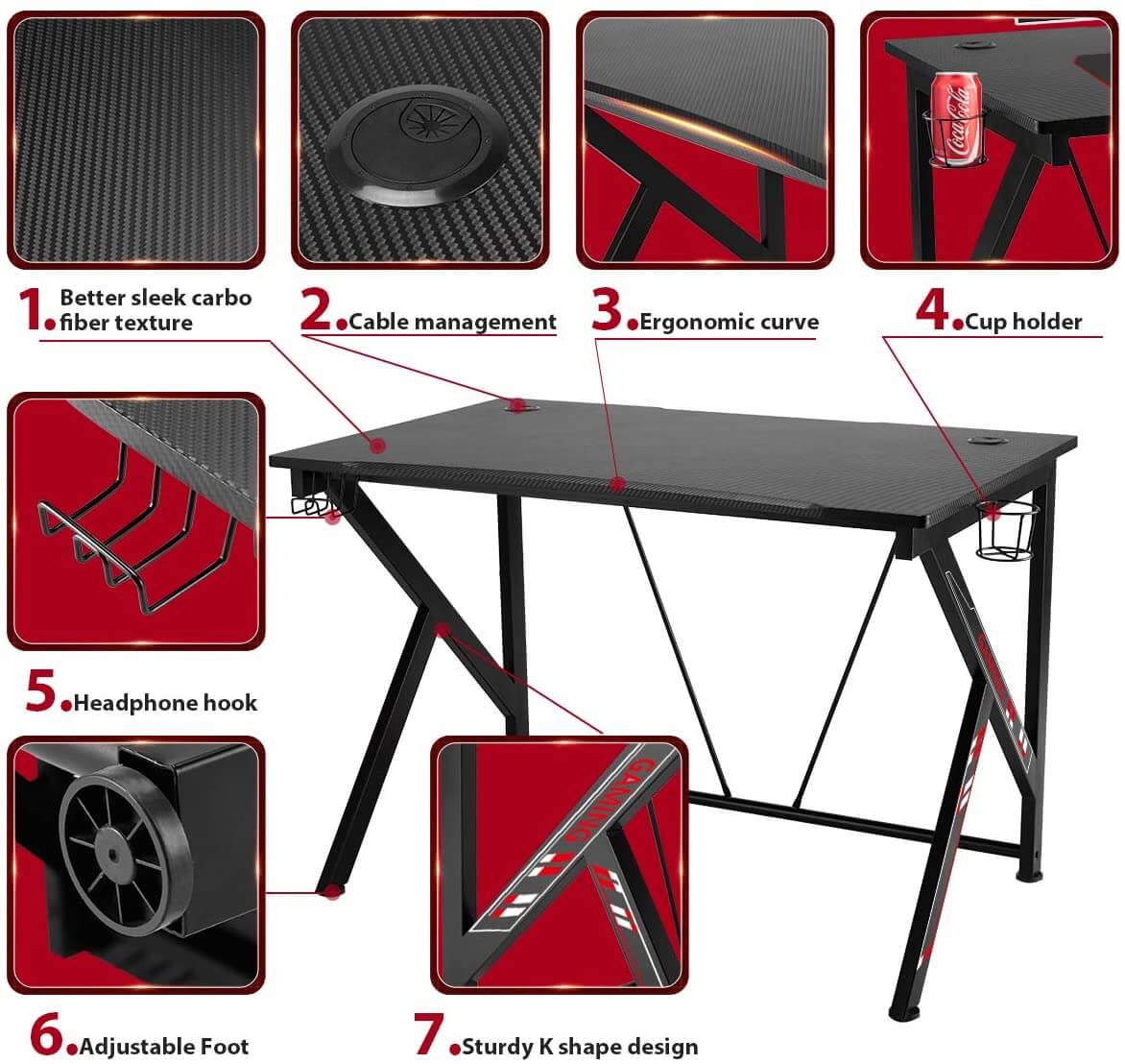 Homrest 42.5" Gaming Desk K-Shape Gaming Table Home Computer Desk with Cup Holder and Headphone Hook Gamer Workstation Game Table, Red