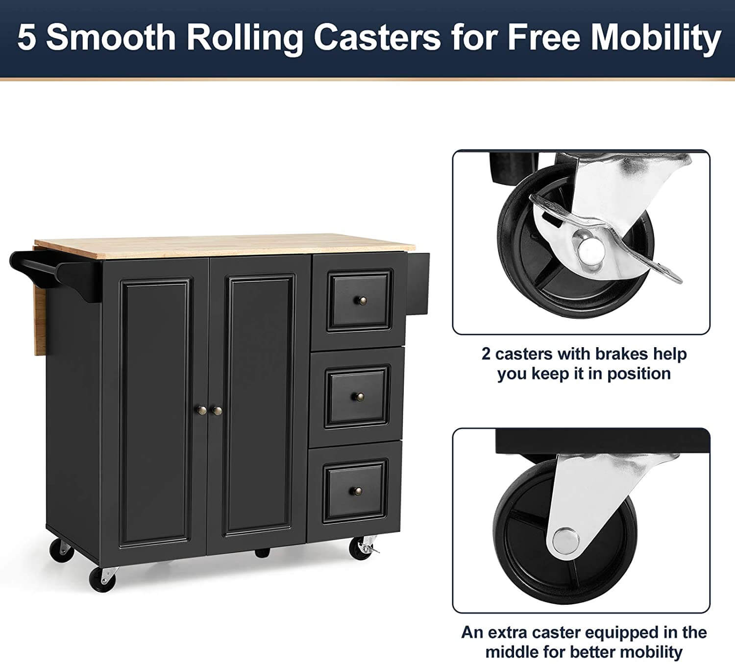 Rolling Kitchen Island Cart,Kitchen Trolley with Drop-Leaf Rubber Wood Tabletop,Lockable Wheels,Drawers & Cabinets,Towel Rack,Spice Rack,Black