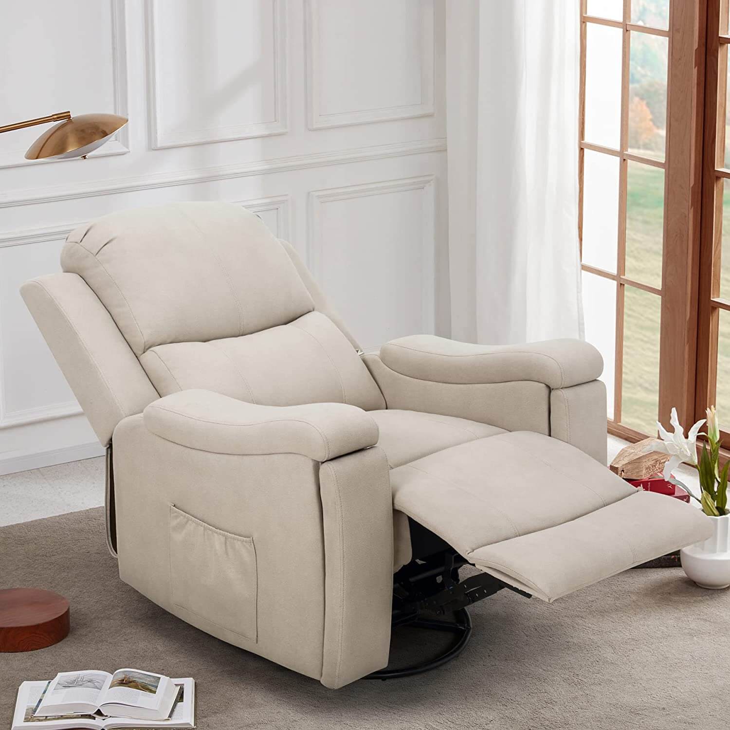 Homrest recliner chair with technological fabric leather hidden cup holder, creamy white