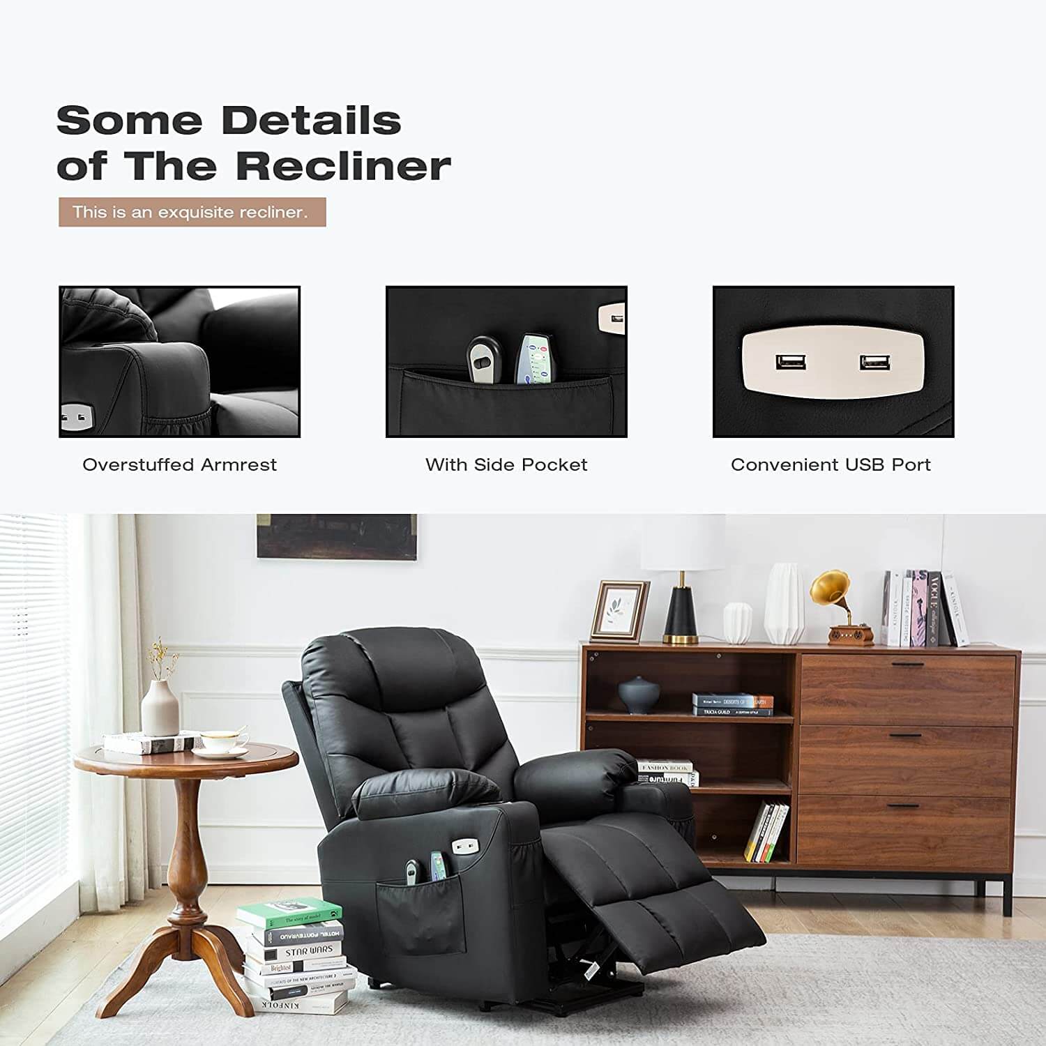 Homrest Electric Power Lift Chair Recliner Sofa for Elderly with Vibration Massage & Lumbar Heated, 2 Side Pockets & Cup Holders(Black)