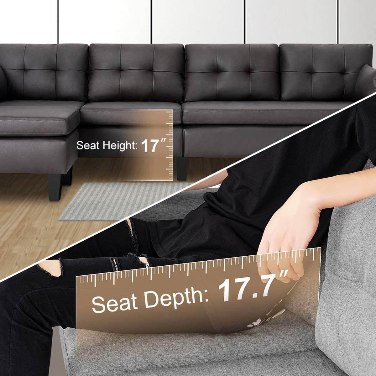 Homrest 4-Seat Sectional Sofa Convertible Couch Black Reversible L-Shape Couch for Living Room, Living Room Furniture Sets with Chaise Lounge for (Black Coffee)