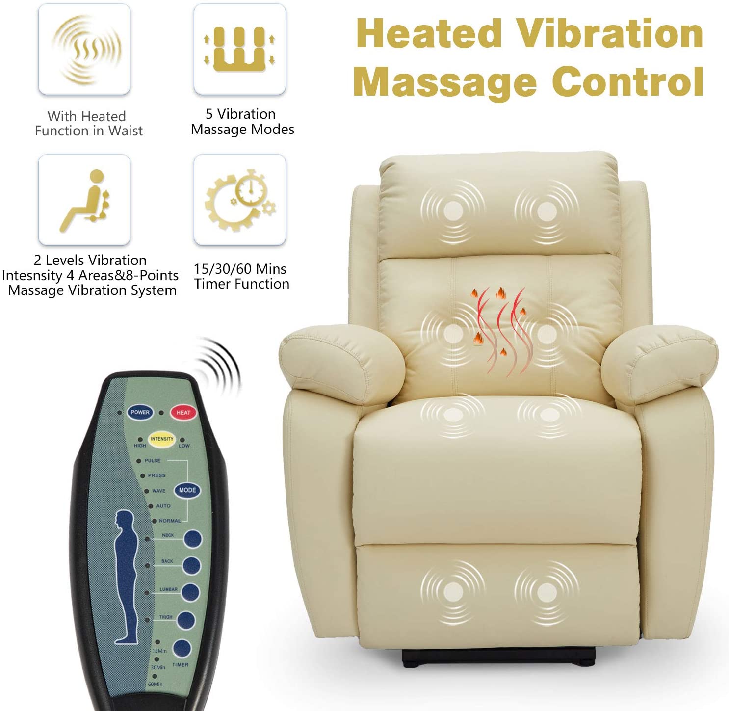 Homrest Electric Power Lift Recliner Chair Sofa for Elderly, Faux Leather Recliner Chair with Heated Vibration Massage with Side Pocket&USB Port, Cream