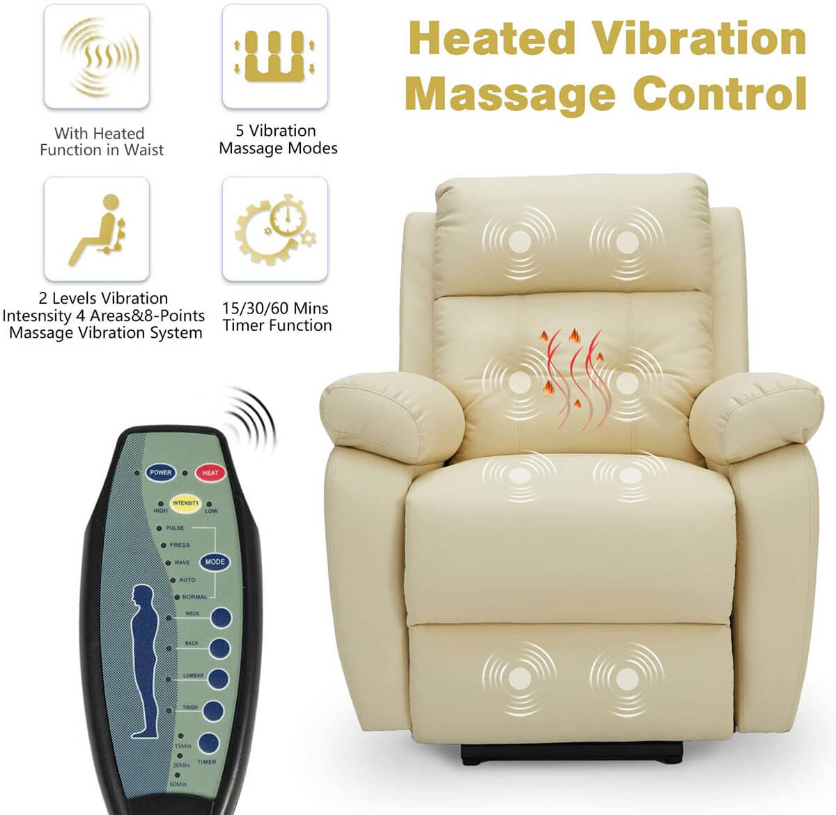 Homrest Electric Power Lift Recliner Chair Sofa for Elderly, Faux Leather Recliner Chair with Heated Vibration Massage, Heavy Duty & Safety Motion Reclining Mechanism, Beige
