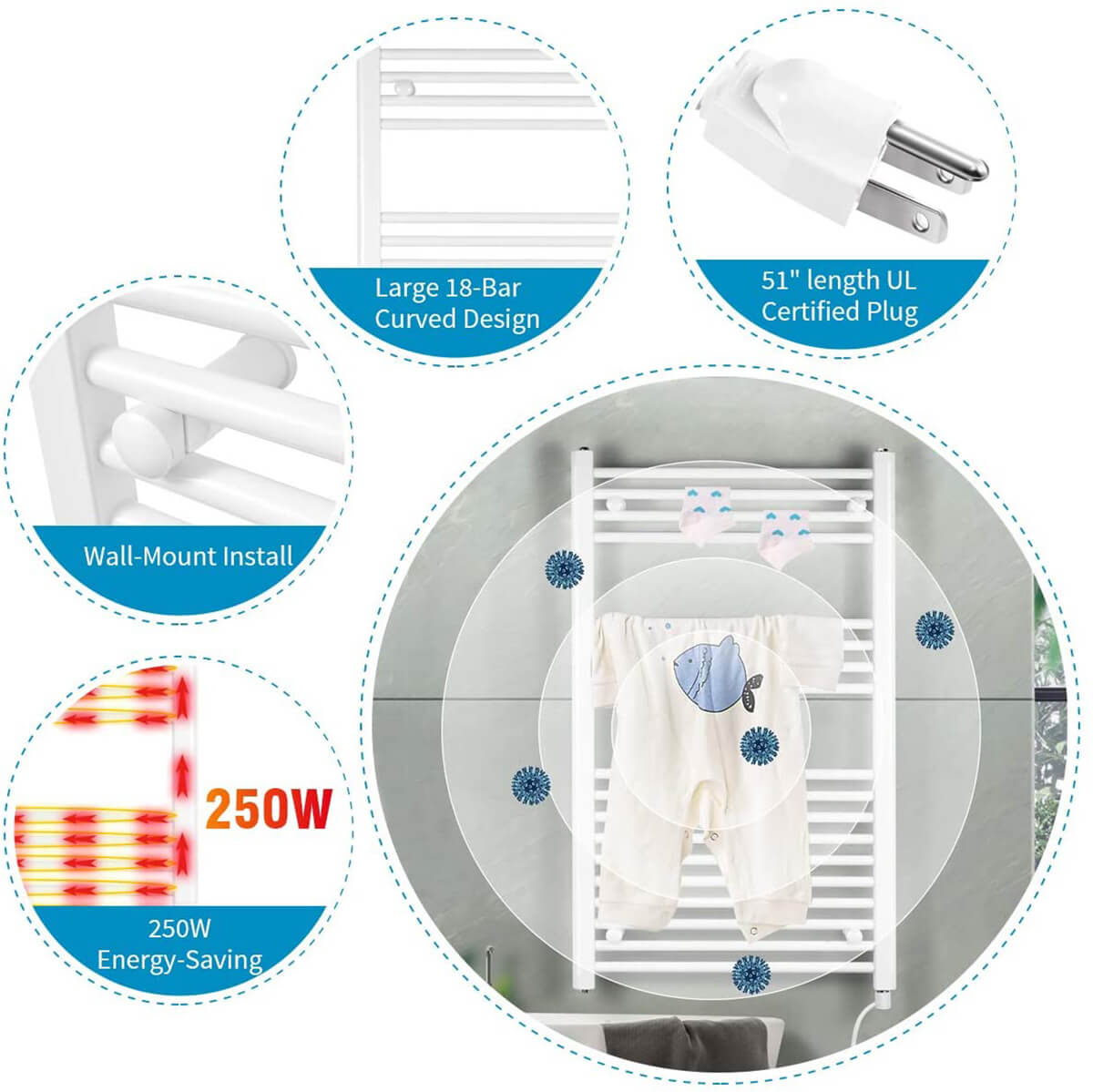 Towel Warmer Rack, Steel Heated Drying Rack Plug-in Wall Mounted Towel Warmer Rack for Bathroom (White, 18 Bar)