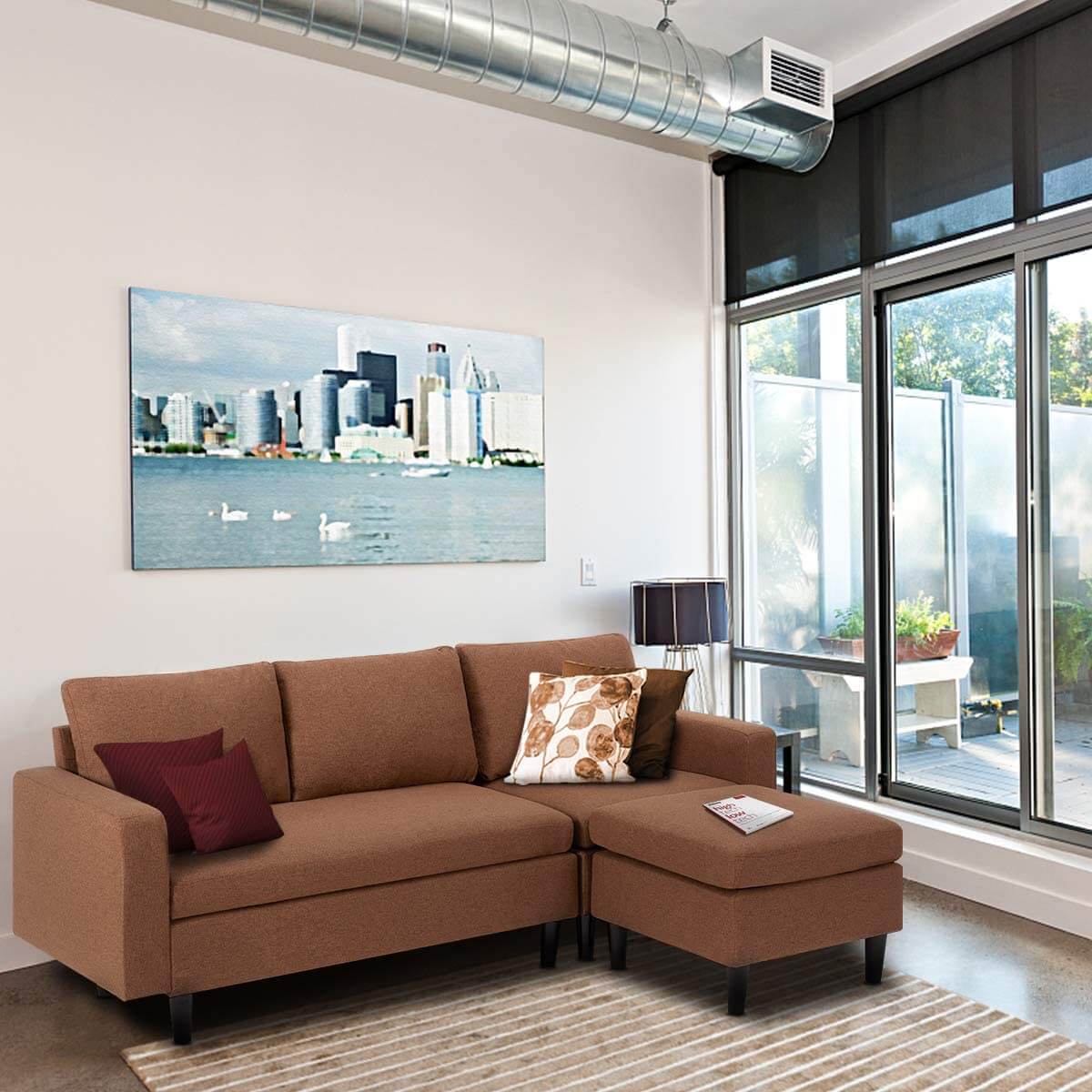 Small Sectional Sofa Couch Small 3 Piece Living Room Convertible Couch Linen Fabric L-Shape Couch with Chaise Lounge for Small Space Apartment, Brown