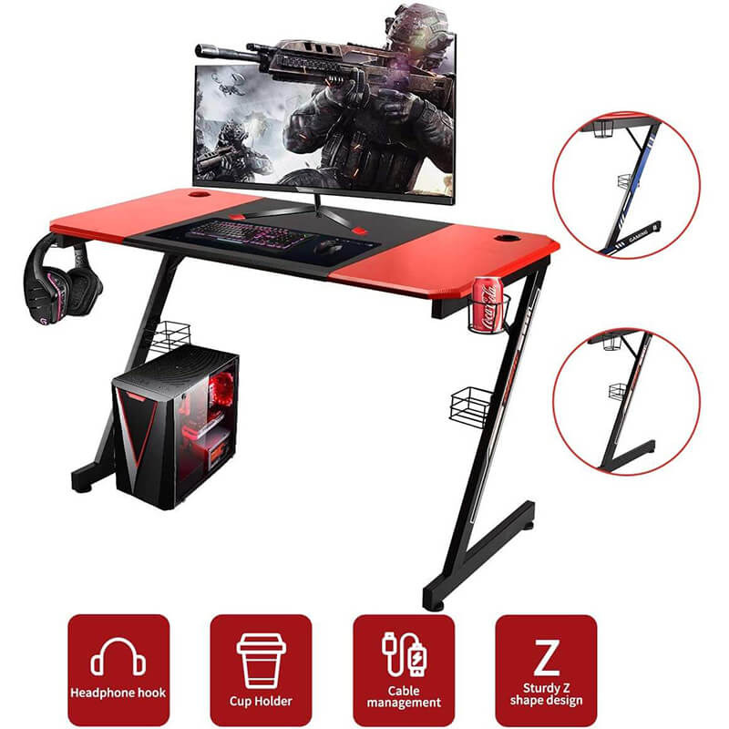 Homrest Gaming Desk 47.2" Home Office Computer Table, Gamer Workstation with Cup Holder, Headphone Hook & 2 Cable Management Holes(with 2 Types Sticker)