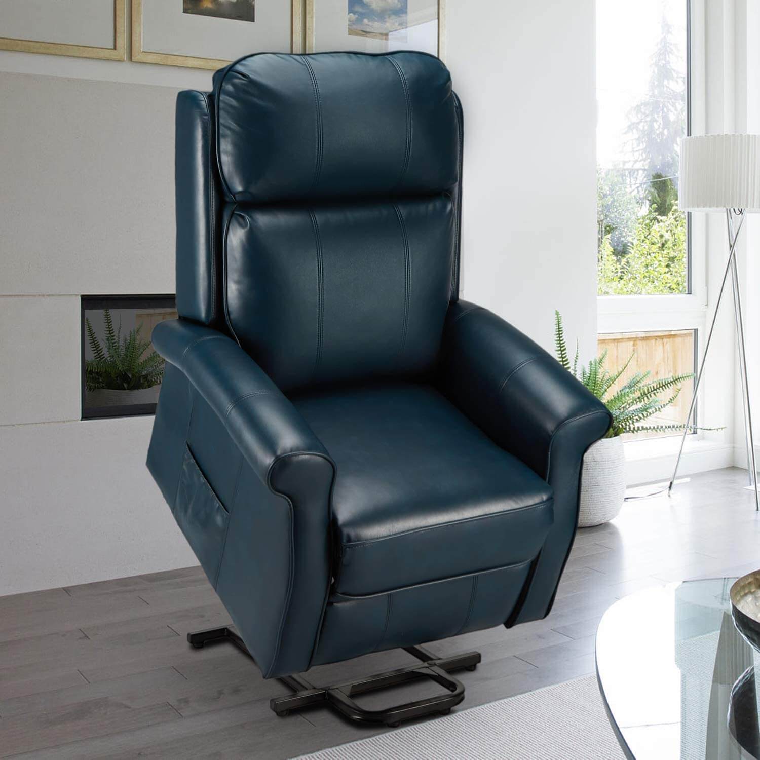 Homrest Electric Power Lift Recliner Chair, Faux Leather Electric Recliner for Elderly with Heated Vibration Massage, Side Pocket & Remote Control, Blue