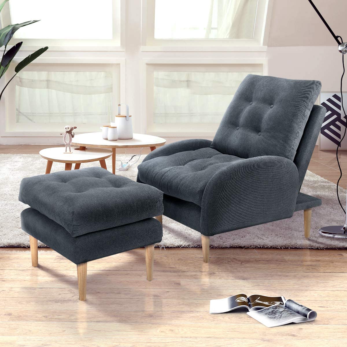 Sofa Chair with Ottoman Fabric Lounge Recliner Adjustable Backrest Grey Blue