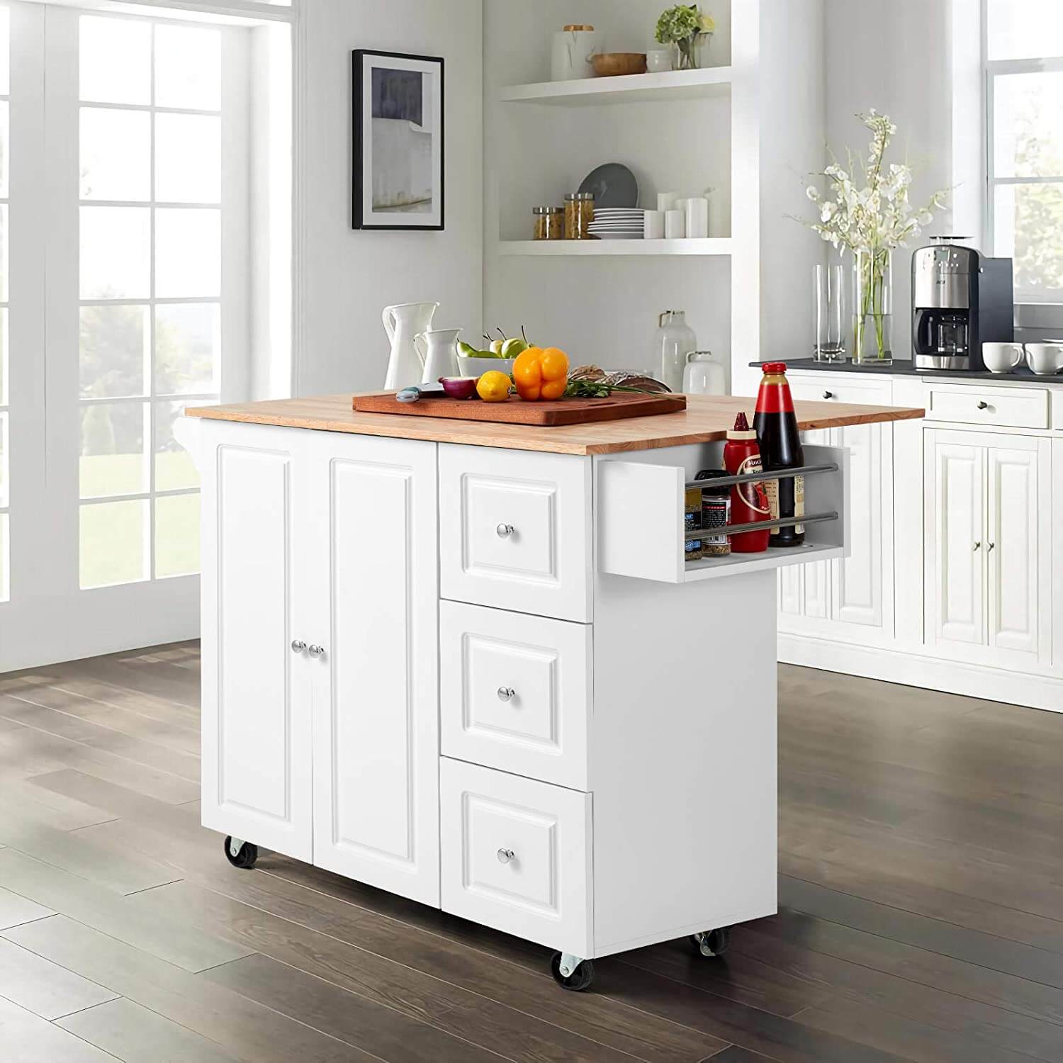 Rolling Kitchen Island Cart,Kitchen Trolley with Drop-Leaf Rubber Wood Tabletop,Lockable Wheels,Drawers & Cabinets,Towel Rack,Spice Rack,White