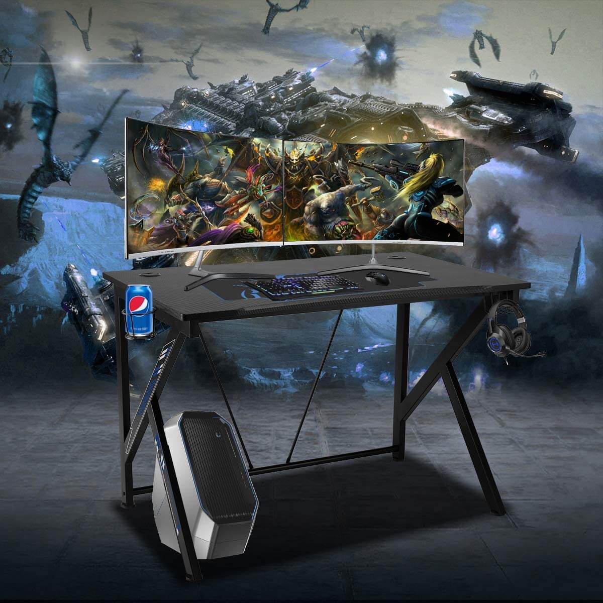 Homrest 42.5" Gaming Desk K-Shape Gaming Table Home Computer Desk with Cup Holder and Headphone Hook Gamer Workstation Game Table