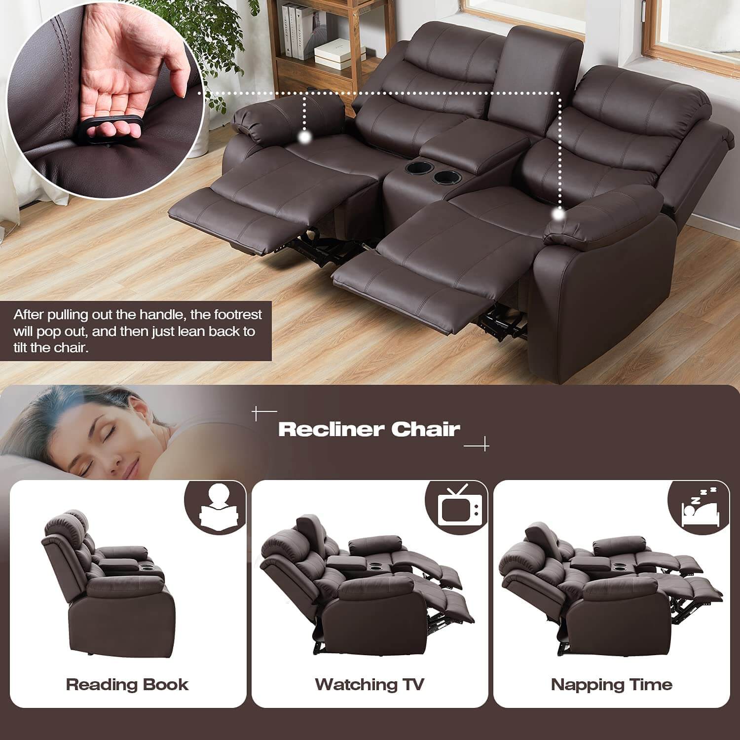  Homrest Reclining Double Loveseat with Storage Console for Living Room, Brown