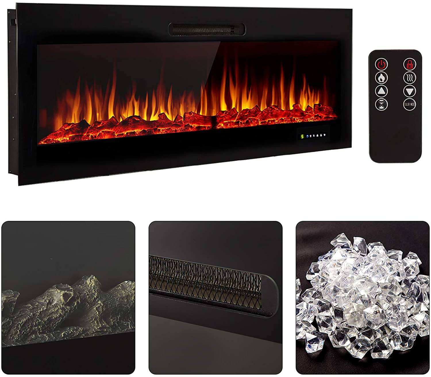 Homrest 50" Recessed Mounted Electric Fireplace Insert with Log/Crystal Option, 750/1500W