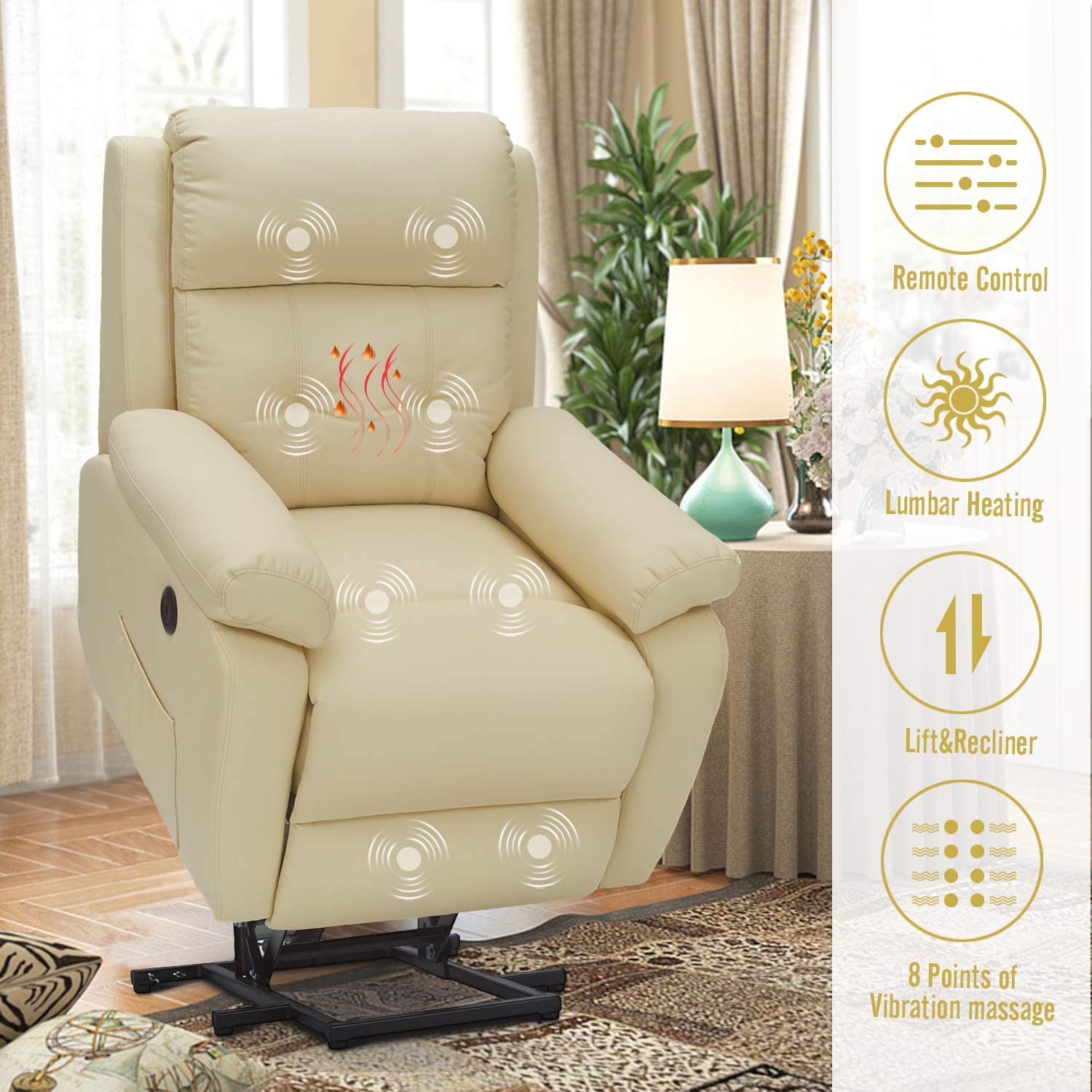 Homrest Electric Power Lift Recliner Chair Sofa for Elderly, Faux Leather Recliner Chair with Heated Vibration Massage with Side Pocket&USB Port, Cream
