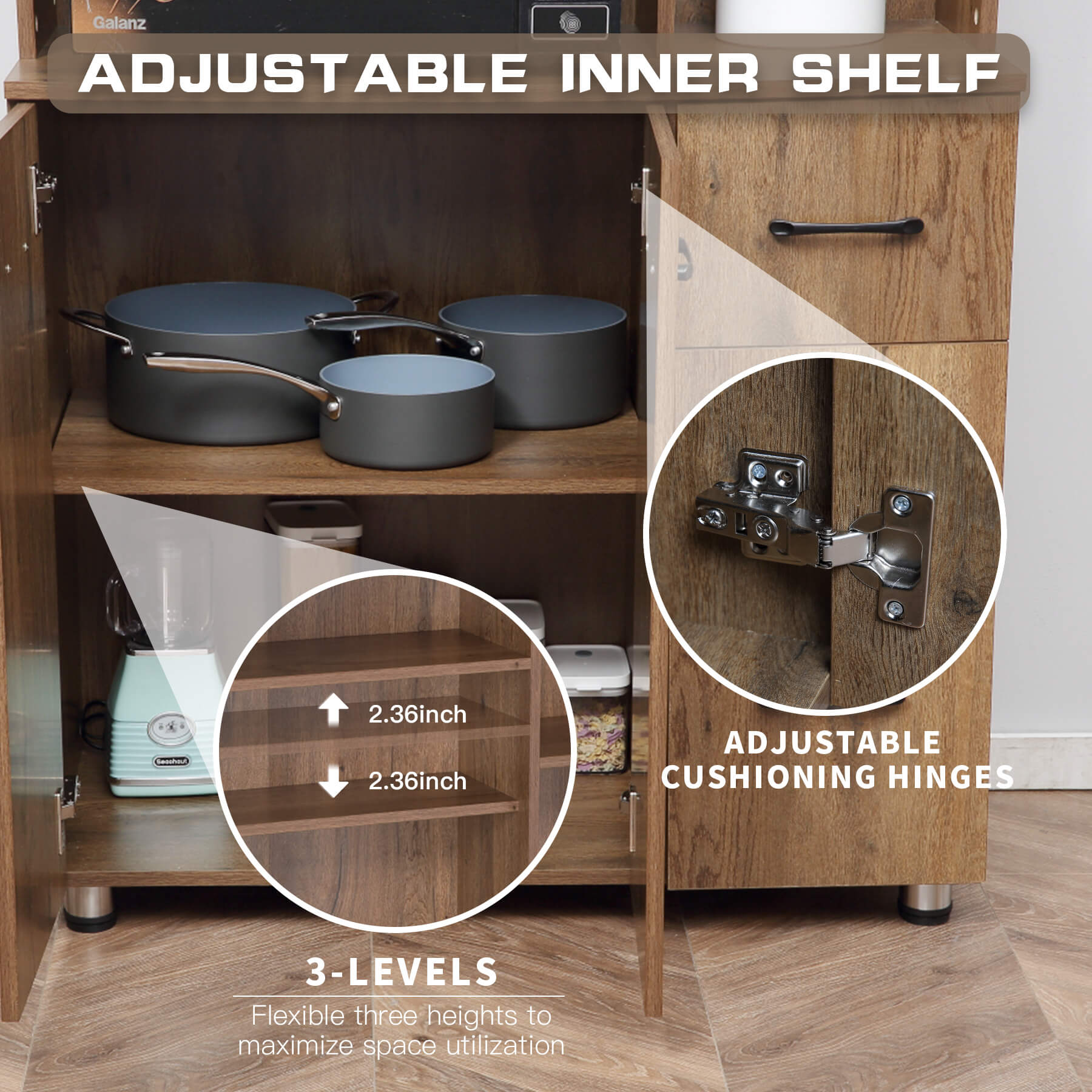 Homrest Kitchen Pantry Storage Cabinet Open Countertop and Microwave Space Brown