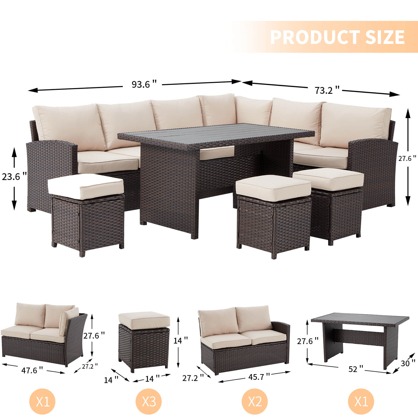 Homrest 7 Pieces Patio Furniture Set, Outdoor Sectional Dining Sofa Set with Table & 3 Ottomans (Khaki)