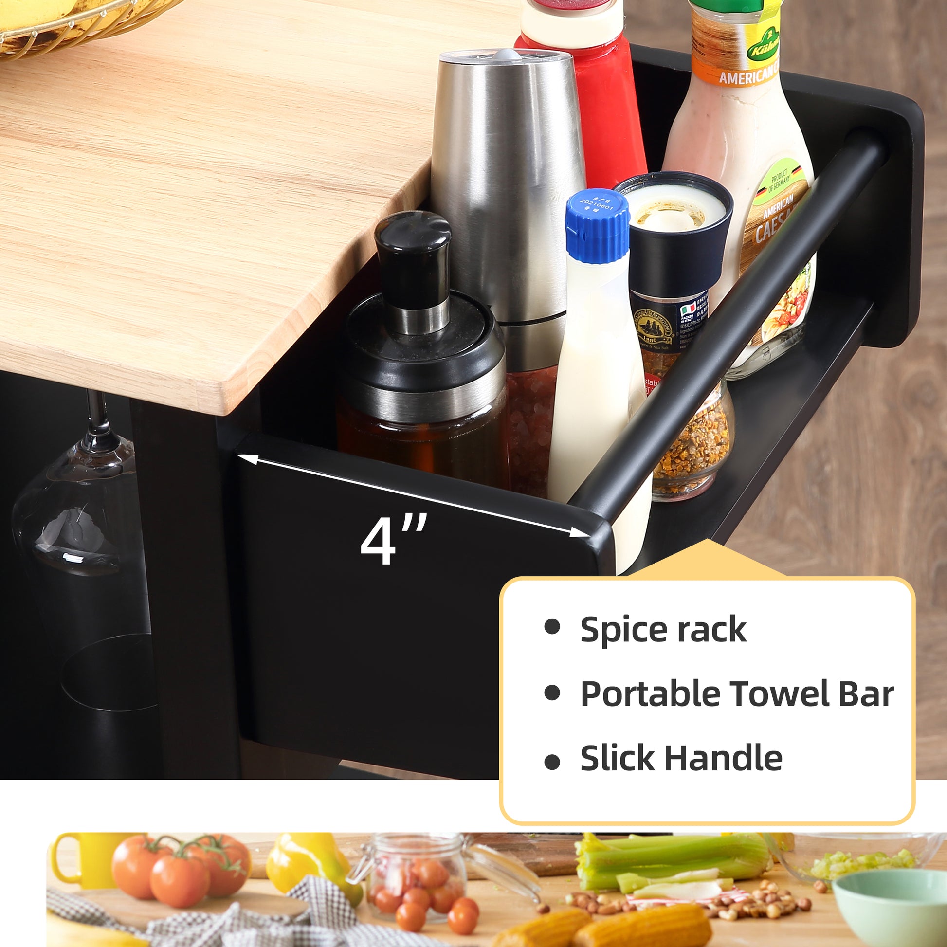 Homrest kitchen island on wheels with spice rack, portable tower bar and slick handle, black