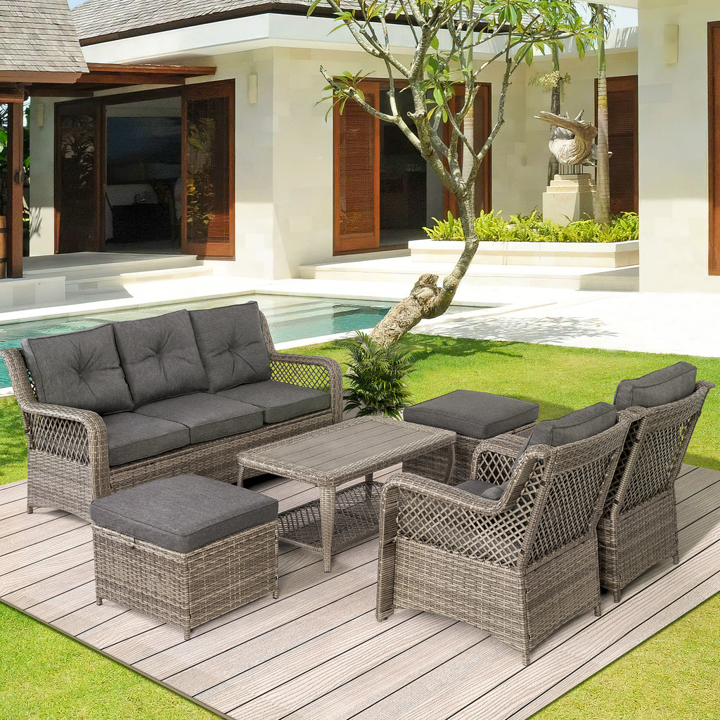 Patio furniture set, 6 pcs rattan outdoor conversation sets with ottoman, gray | Homrest furniture