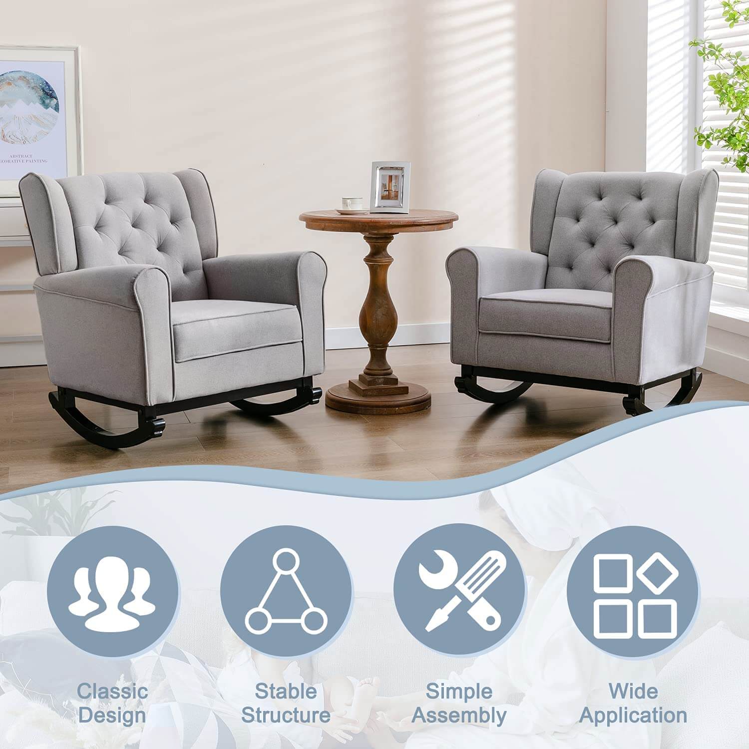 Homrest Mid Century Modern Rocking Chair, Tufted Upholstered Glider with High Back for Living Room, Gray