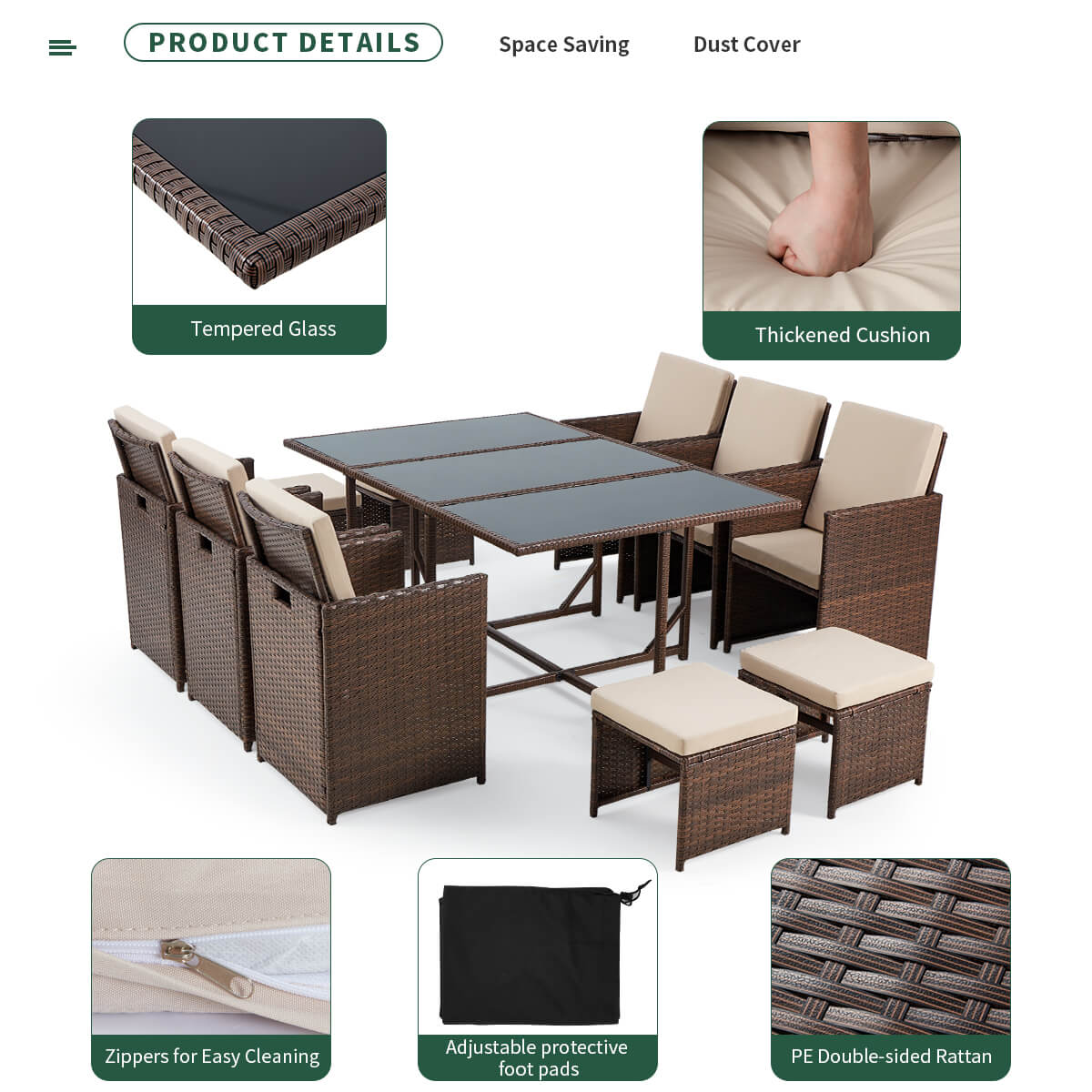  11 Pcs Patio Dining Set Rattan w/ Ottoman, Cushion & Dust Cover for Porch, Garden and Poolside