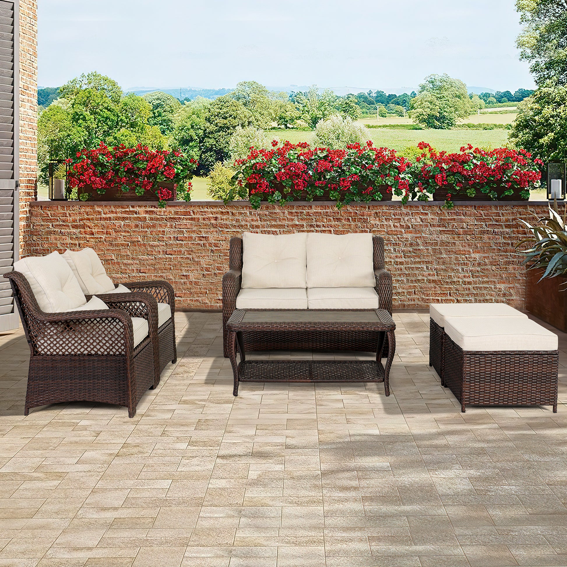 Patio furniture set, 6 pcs rattan outdoor conversation set with ottoman, brown | Homrest Furniture