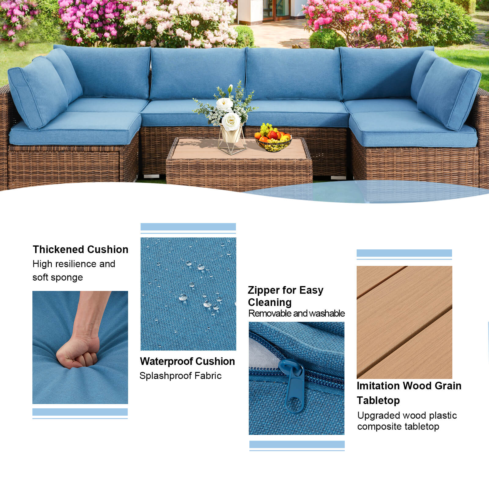 Homrest 7 pieces patio conversation set with thickened cushion, waterproof cushion, zipper for easy cleaning and imitation wood grain tabletop