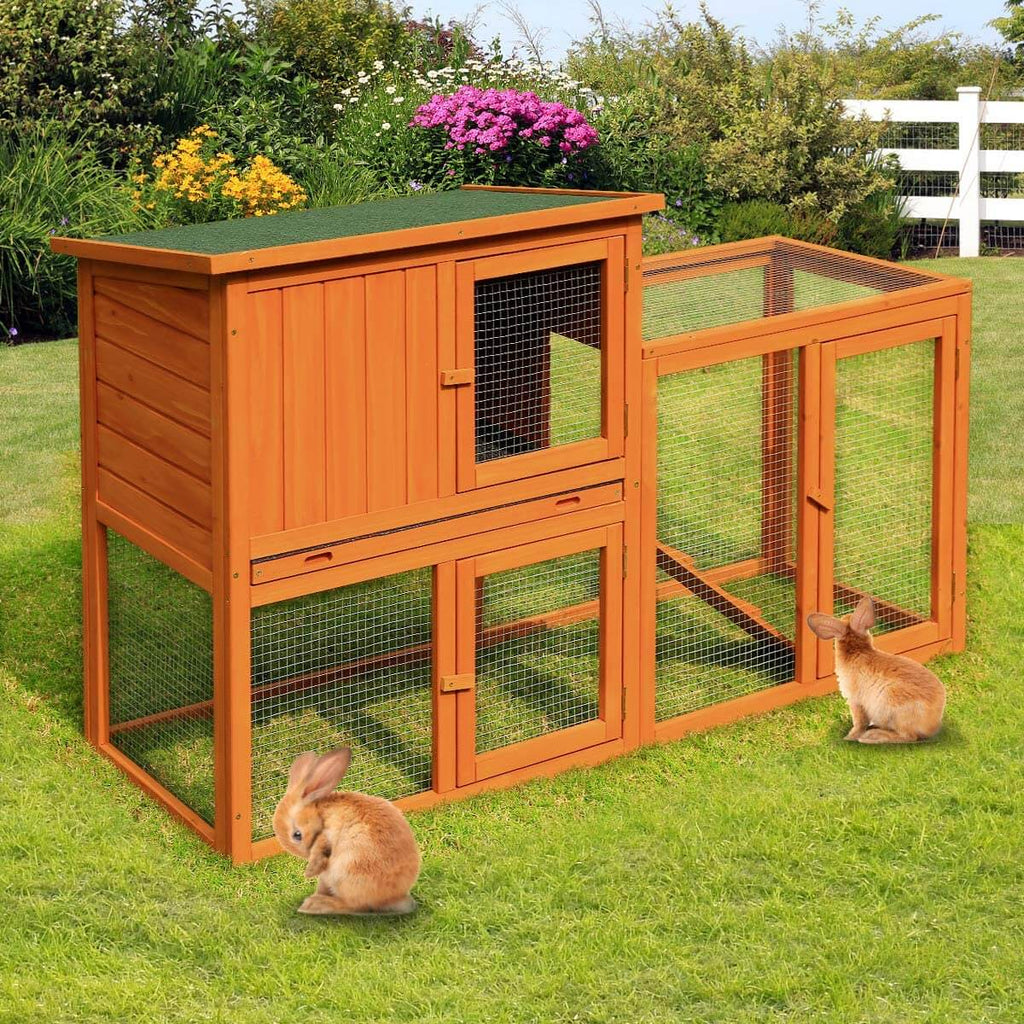 Homrest 54.3" Rabbit Hutch Wooden Outdoor Open Roof Removable Tray & Ramp (Flat-Topped)
