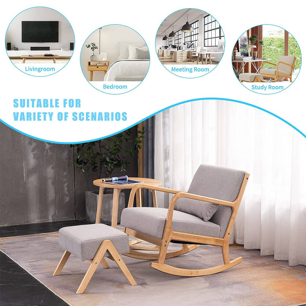 Homrest Fabric Rocking Chair Mid-Century Glider Rocker with Padded Seat, with Ottoman Linen Accent Chair Gray