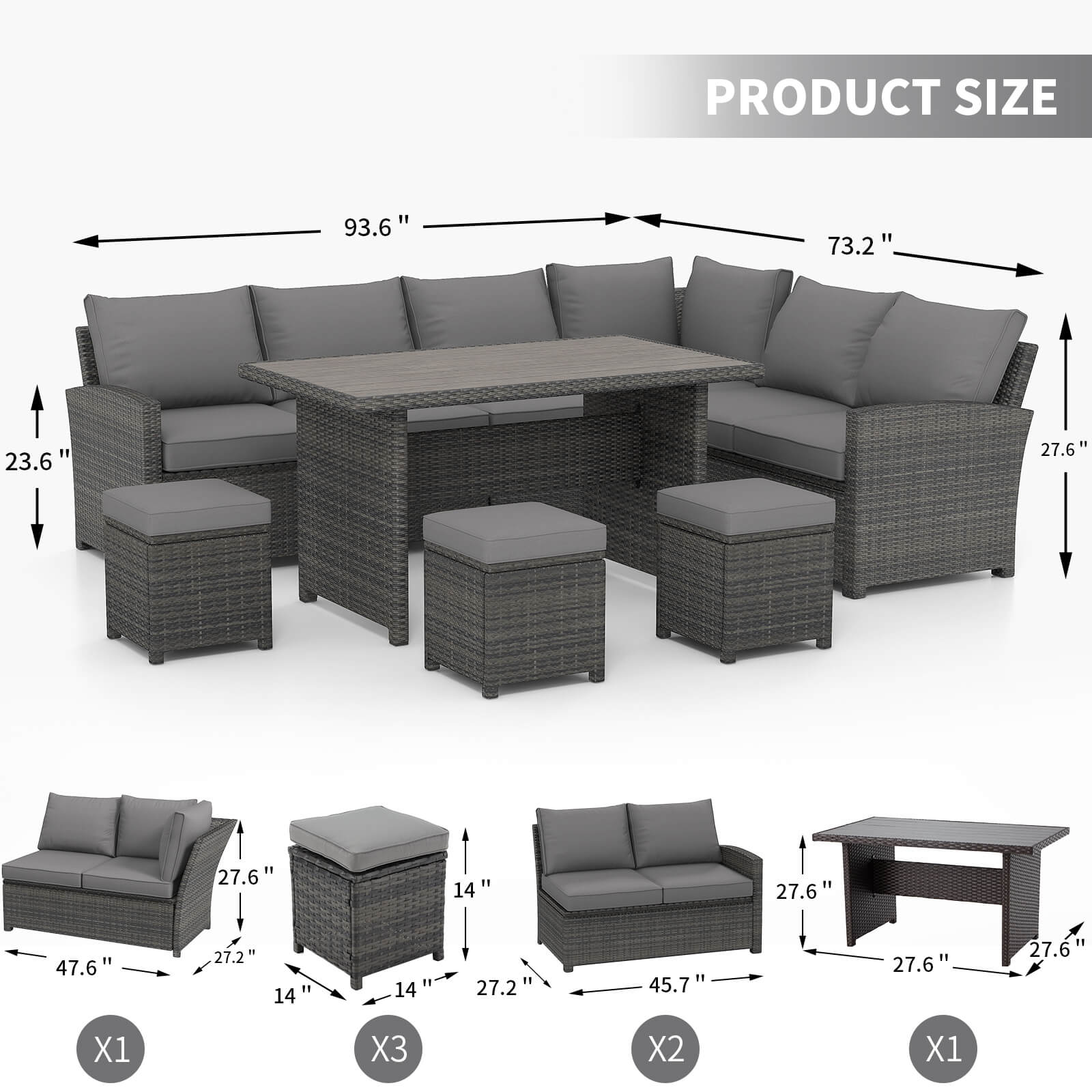 7 Pieces Patio Furniture Set, Outdoor Sectional Dining Set with Table & 3 Ottomans(Grey) | Homrest
