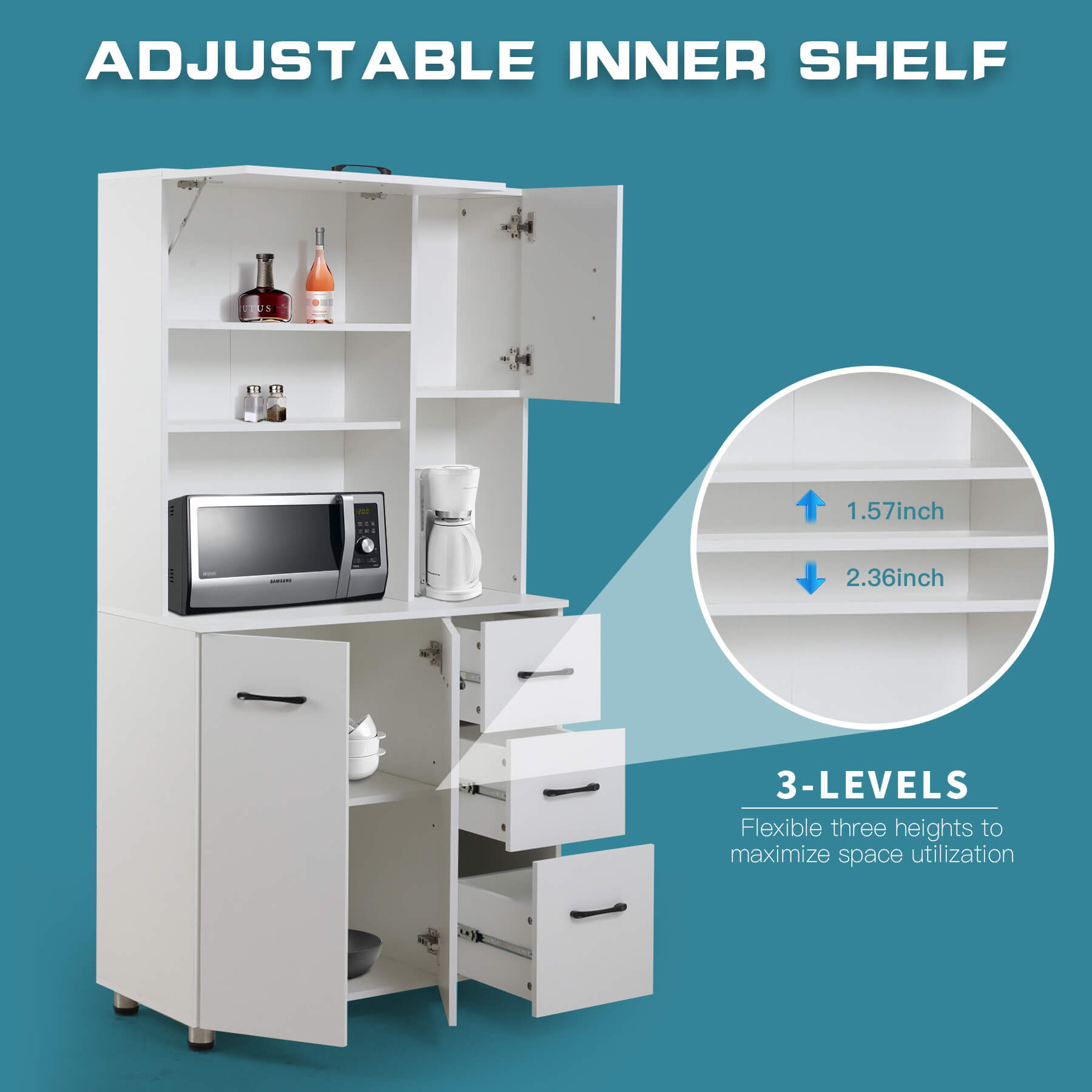 Homrest Kitchen Pantry Storage Cabinet Open Countertop and Microwave Space White