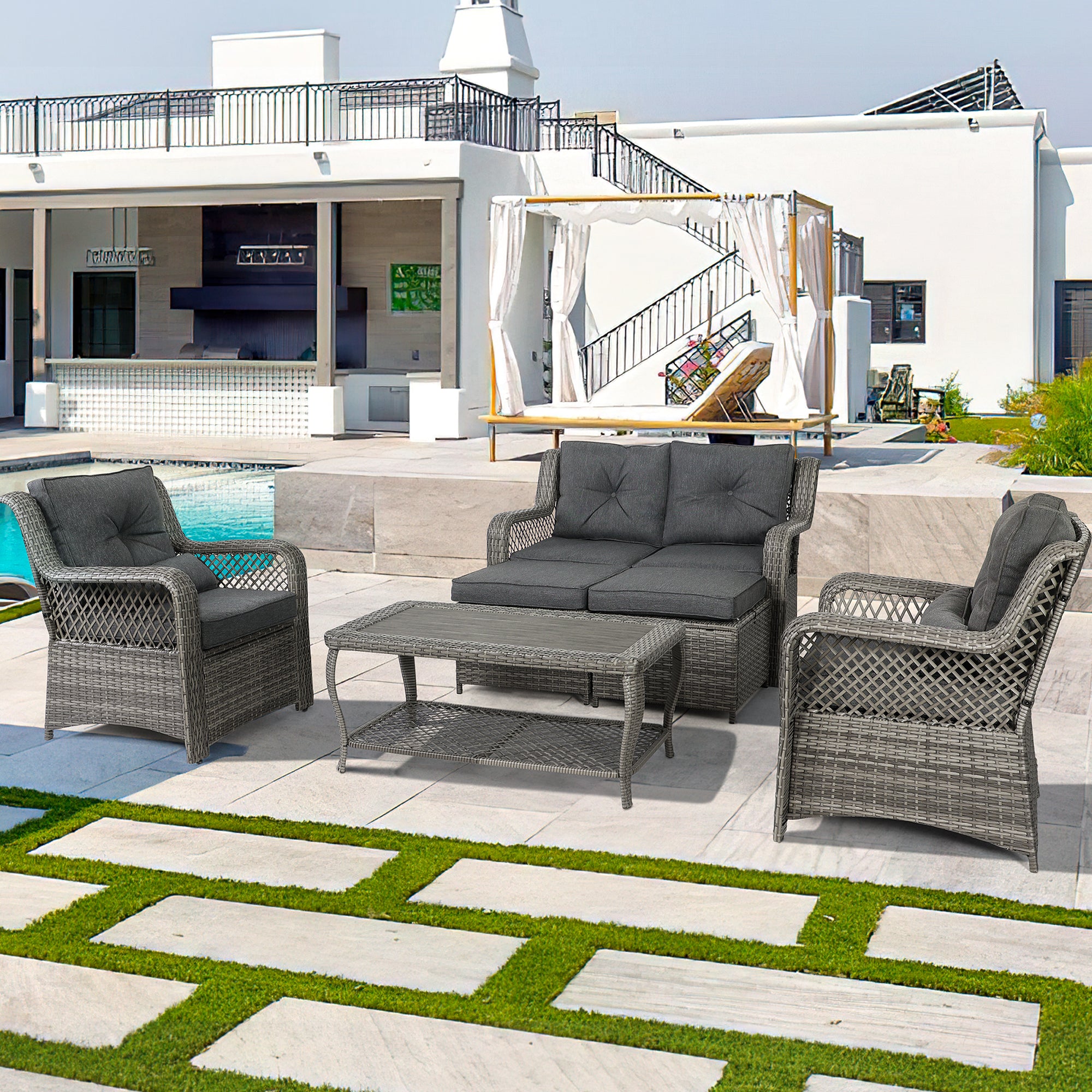 Homrest 6 pcs rattan outdoor conversation sets with ottoman, gray