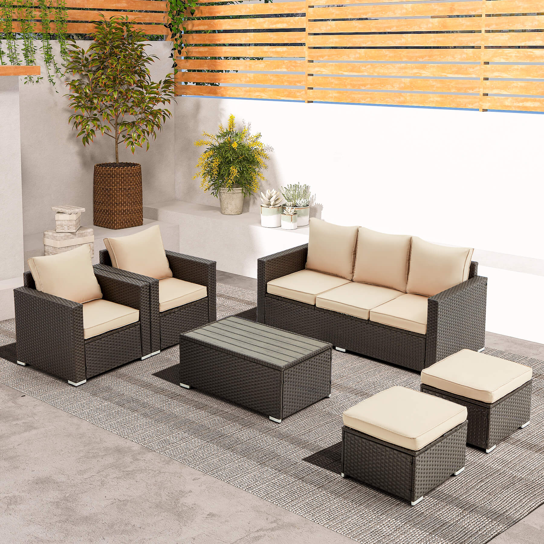 Homrest 6 pcs outdoor sectional sofa set with coffee table, khaki