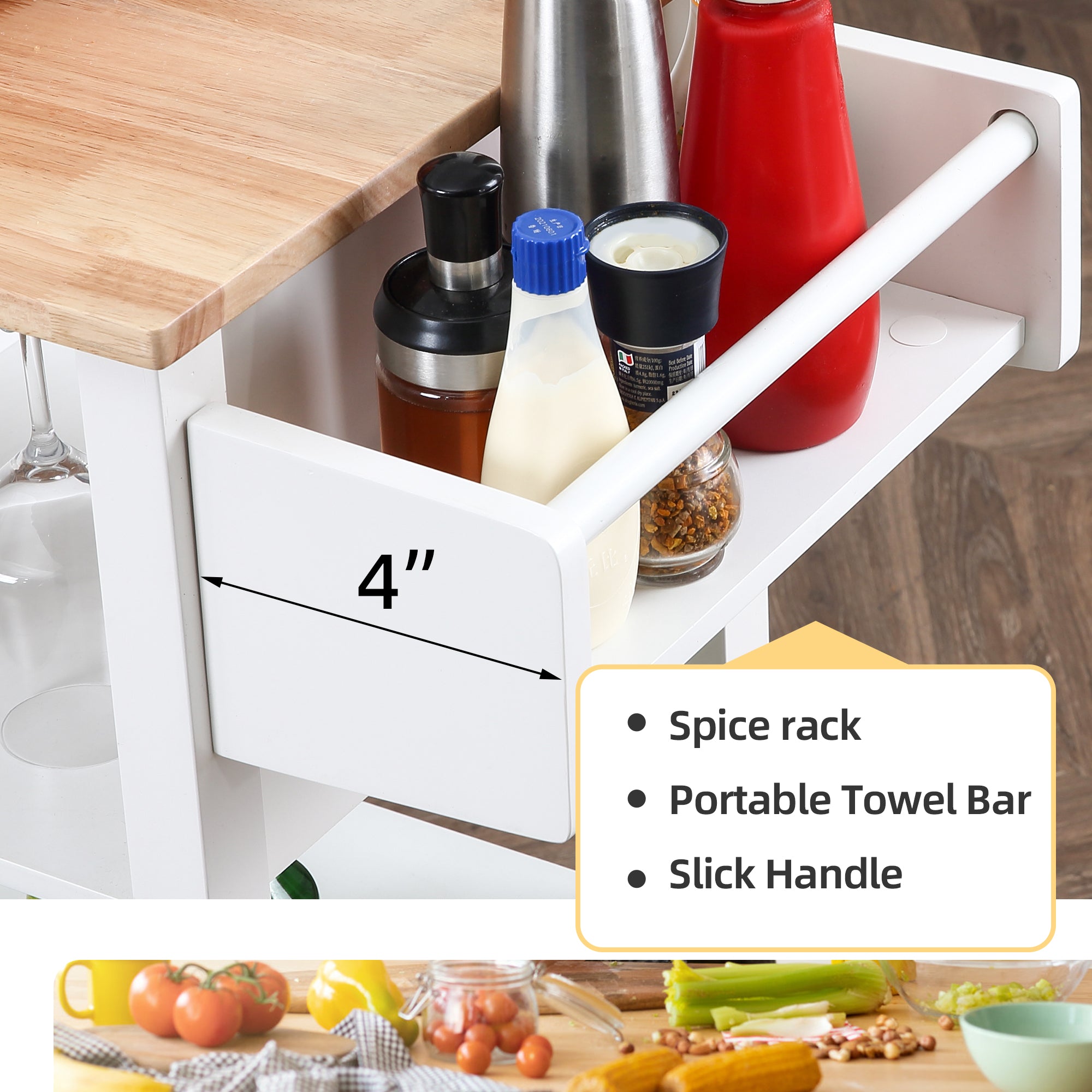 Homrest kitchen cart with spice rack, portable tower bar and slick handle.