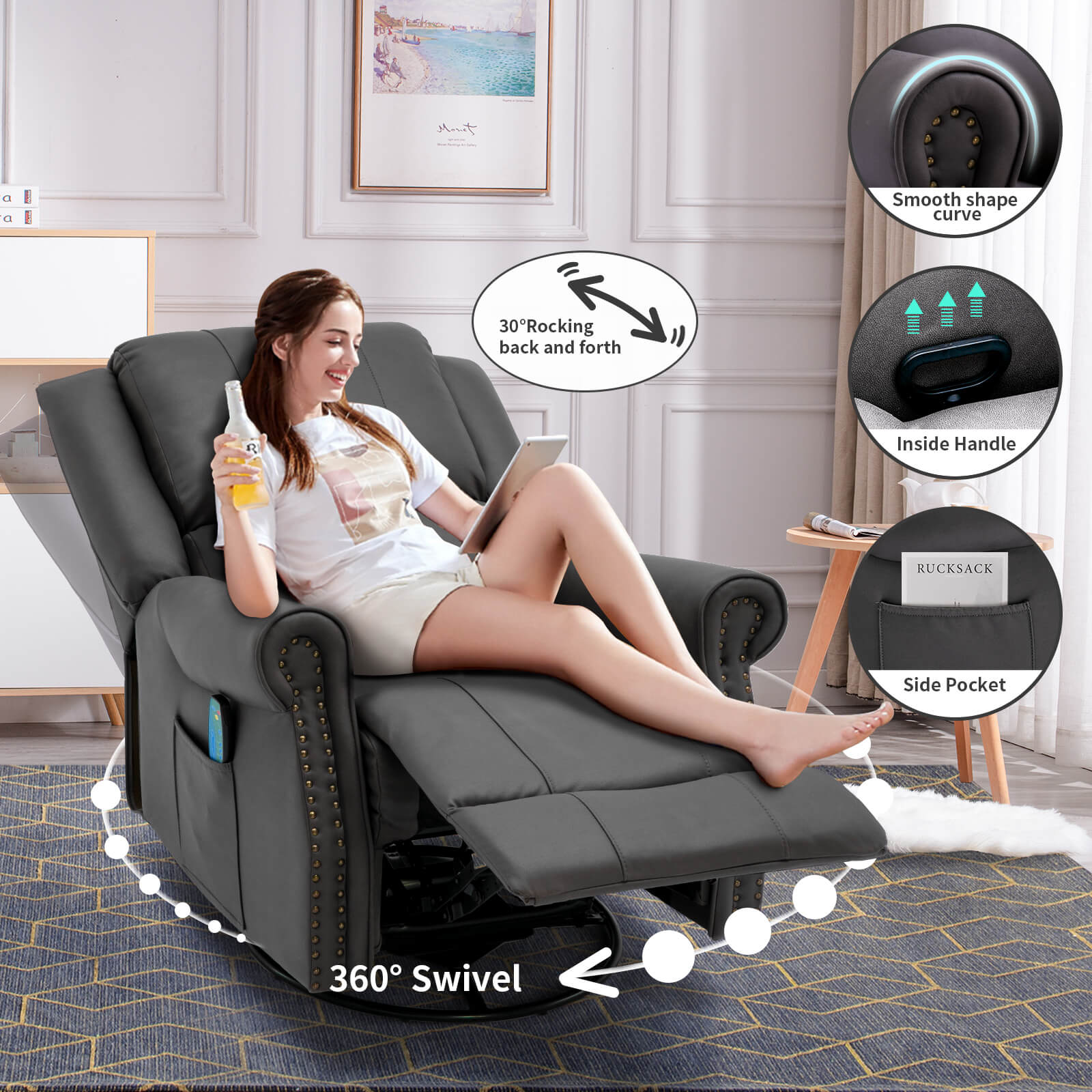 Homrest massage recliner chair for living room, dark gray