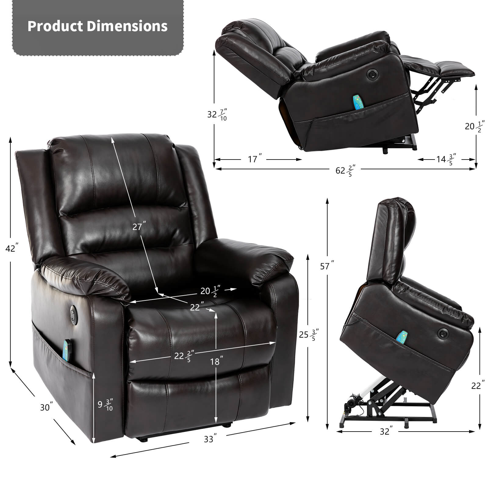 Product dimensions of Homrest power lift recliner chair