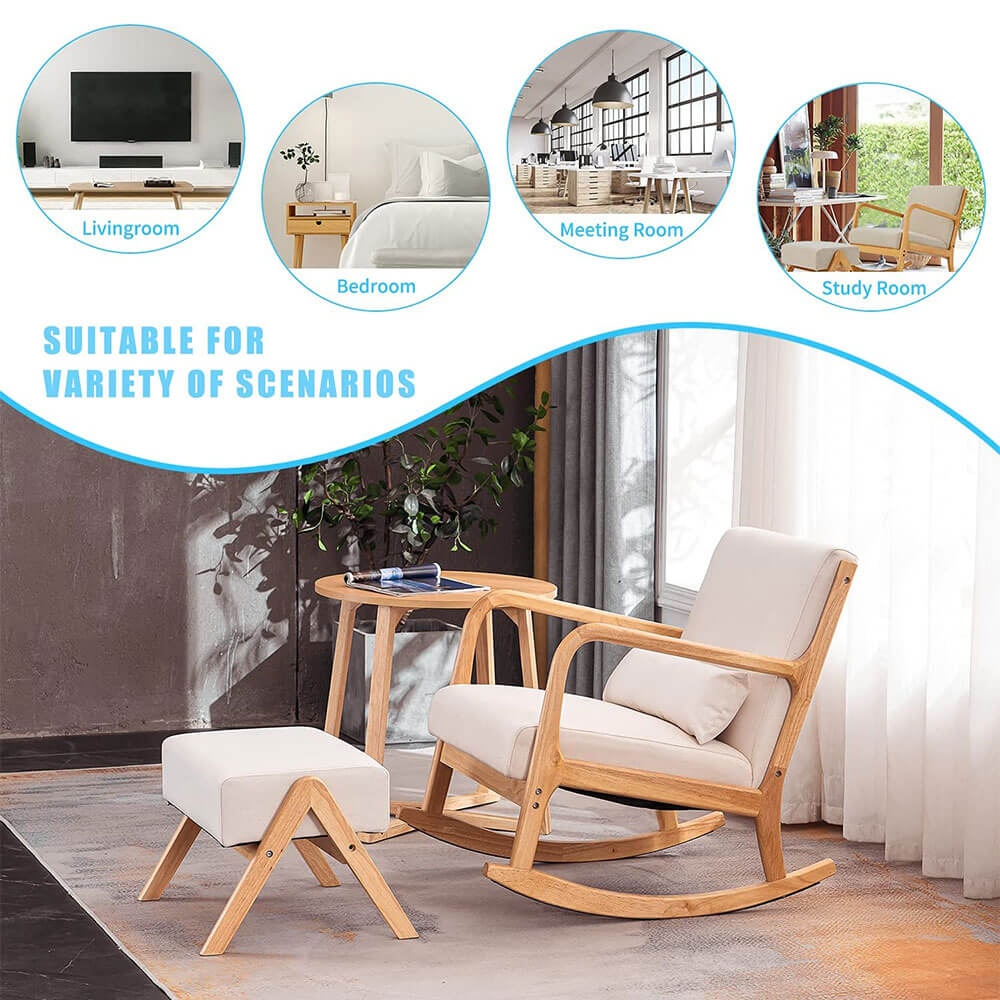 Fabric Rocking Chair with Ottoman Linen Accent Chair Beige