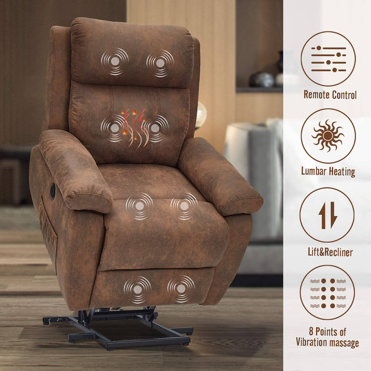 Homrest Electric Power Lift Recliner Chair Sofa for Elderly, Faux Leather Recliner Chair with Heated Vibration Massage, Heavy Duty & Safety Motion Reclining Mechanism, Saddle Brown
