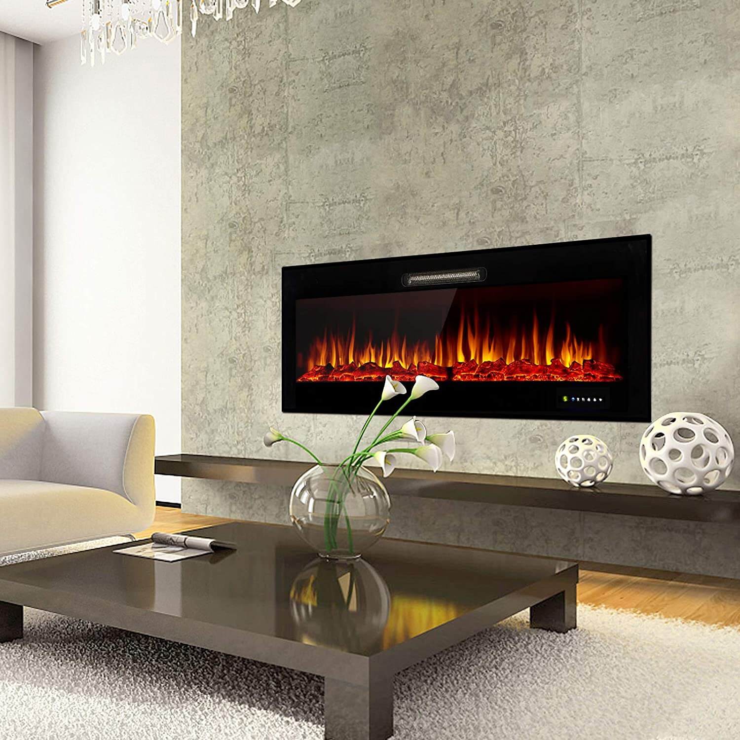 Homrest 50" Recessed Mounted Electric Fireplace Insert with Log/Crystal Option, 750/1500W