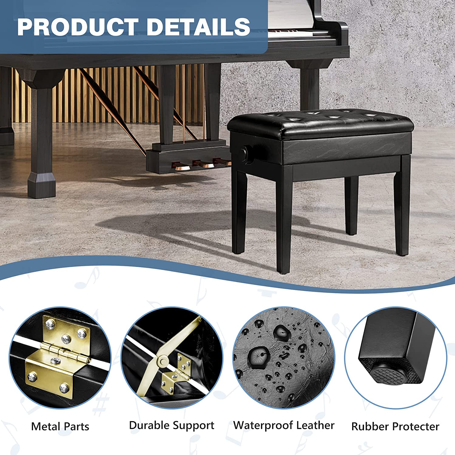  Homrest piano stool solid wood keyboard bench with PE leather, black