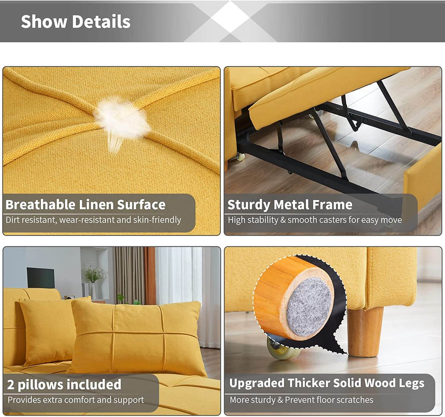 Homrest Upgrade Sofa Bed 3-in-1 Convertible Chair Multi-Functional Sofa Bed Adjustable Recliner for Living Room (Yellow)