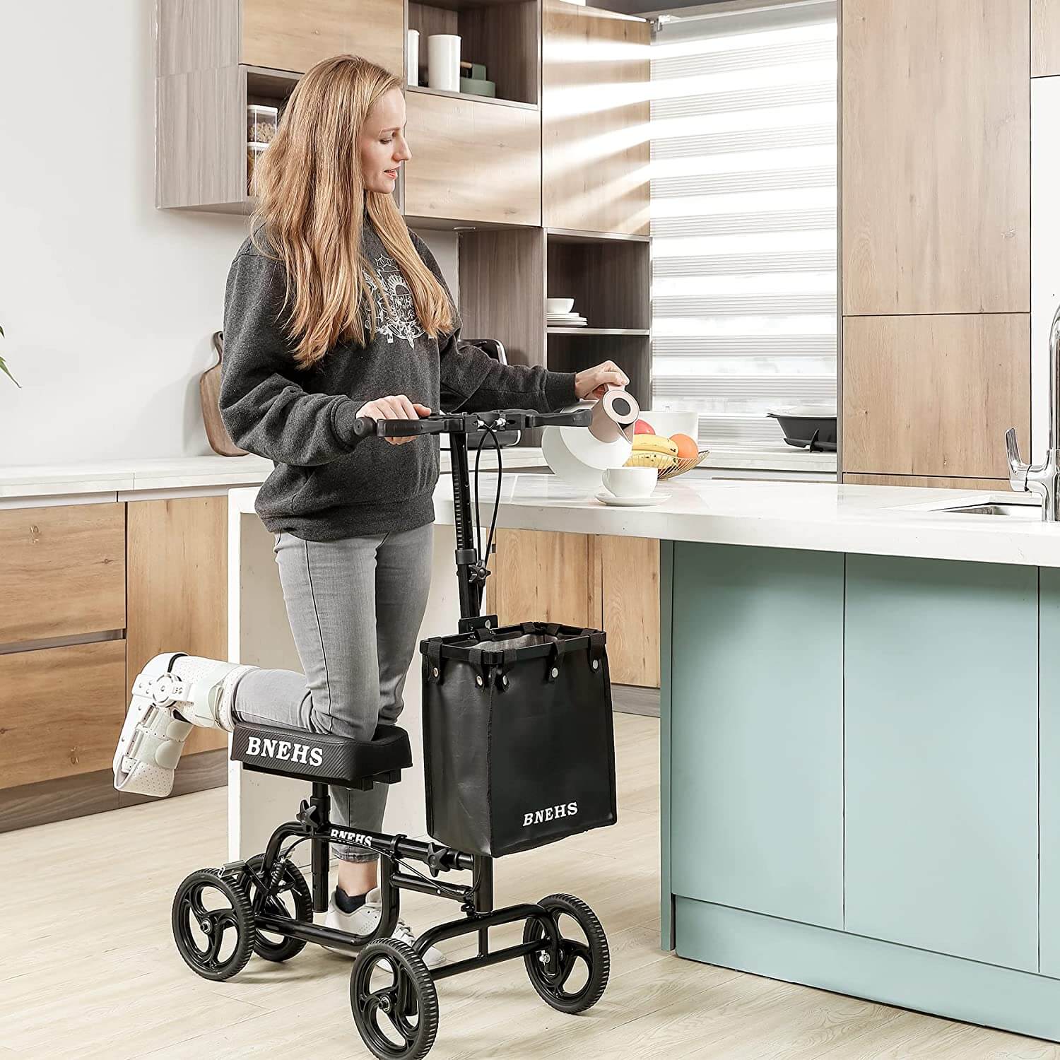 Homrest knee scooter with grooved brake pads folding knee walker for foot injured adults, black