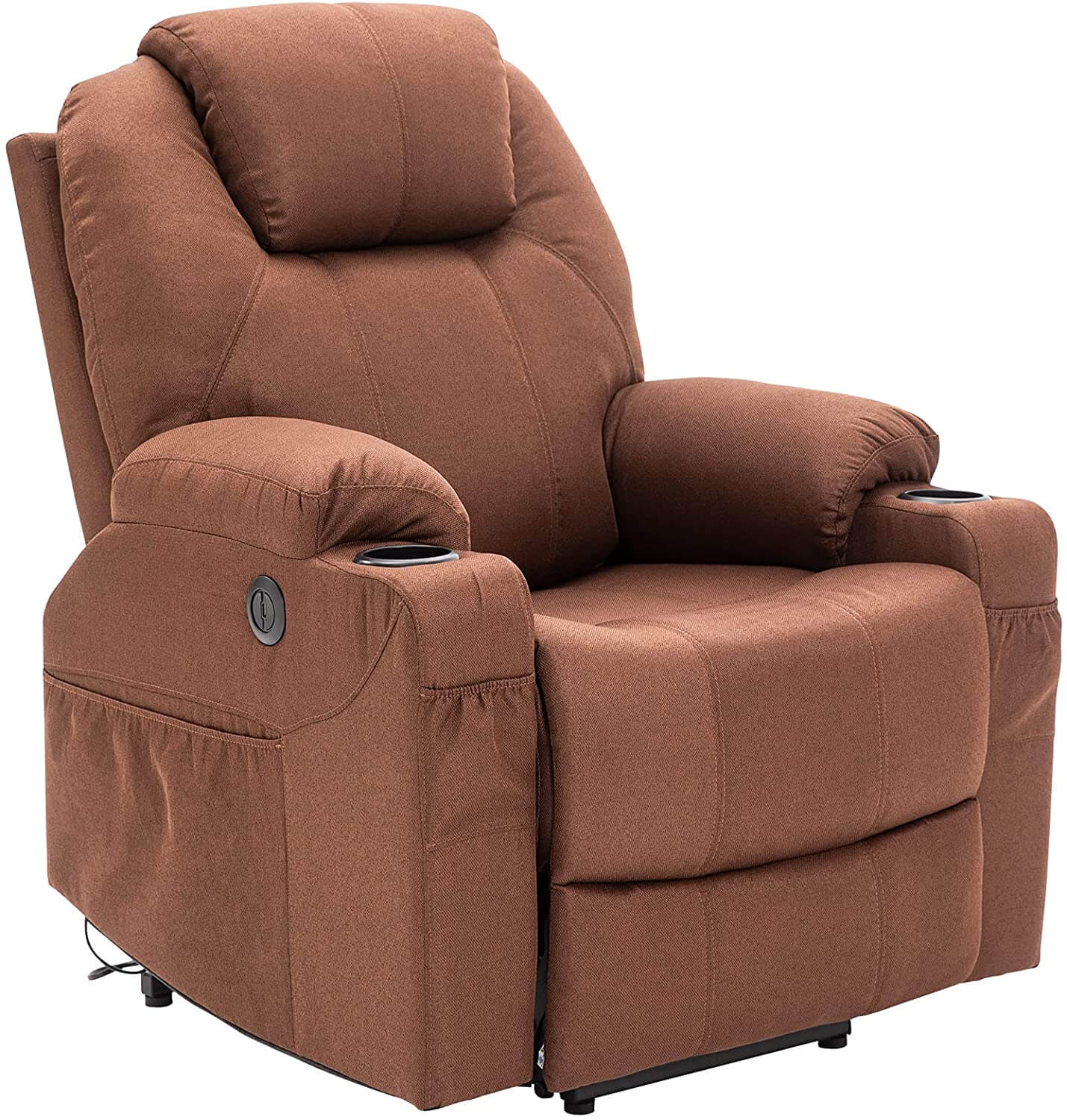 Homrest Electric Power Recliner Lift Chair Fabric Electric Recliner for Elderly, Heated Vibration Massage Sofa with Side Pockets, USB Charge Port & Remote Control(Coffee)