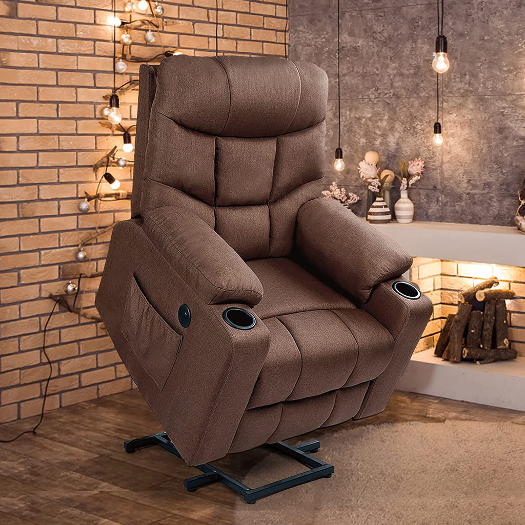 Homrest power lift chair electric recliner with side pocket and cup holders for elderly, brown