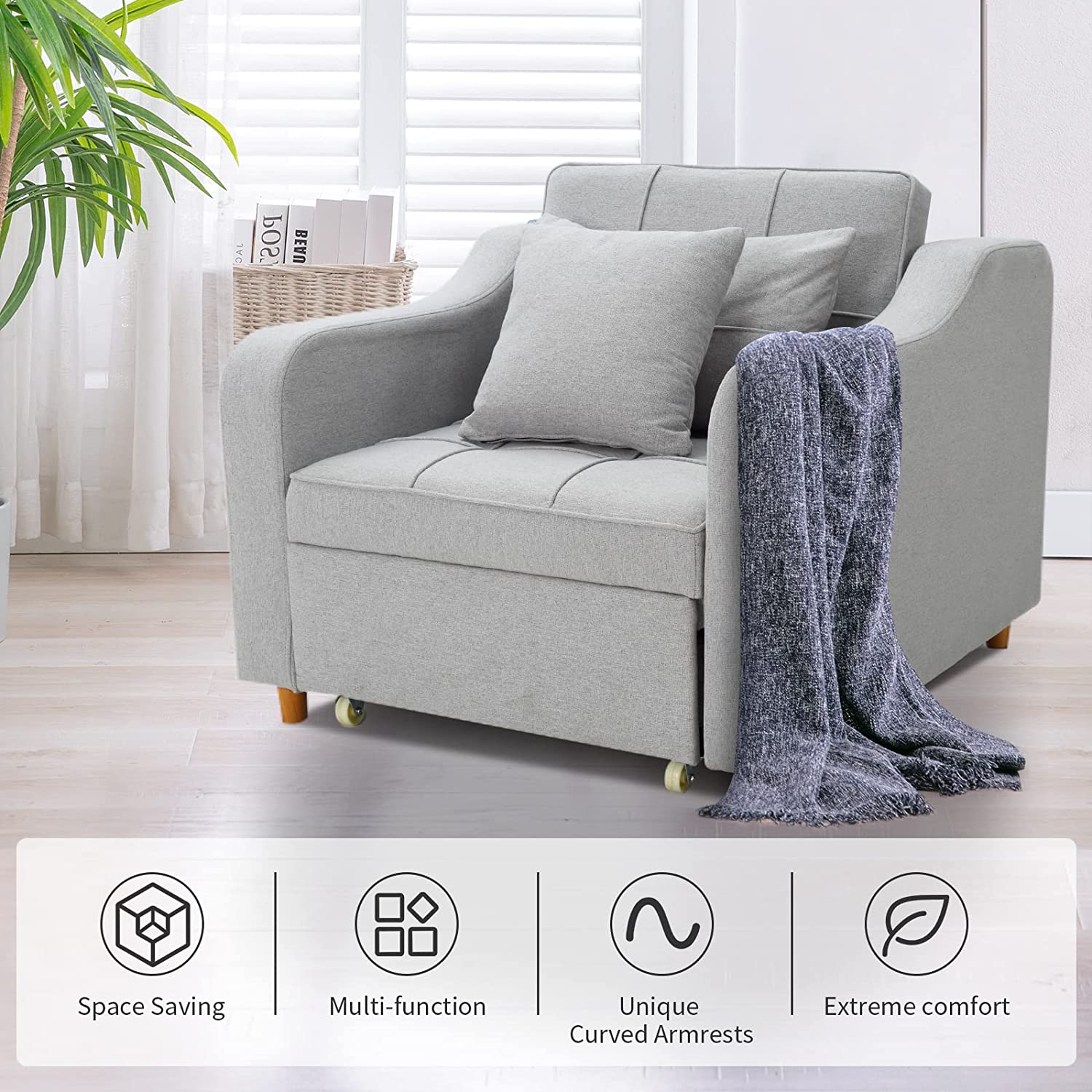 Homrest Upgrade Sofa Bed 3-in-1 Convertible Chair Multi-Functional Sofa Bed Adjustable Recliner for Living Room (Light Grey)