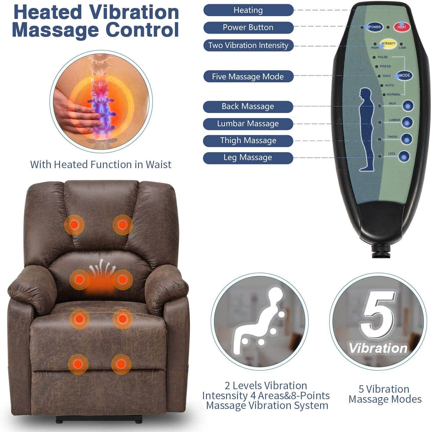 Homrest Electric Power Lift Recliner Chair Sofa with Massage and Heat for Elderly, Faux Leather Recliner Chair with Side Pockets & USB Port, Nut Brown