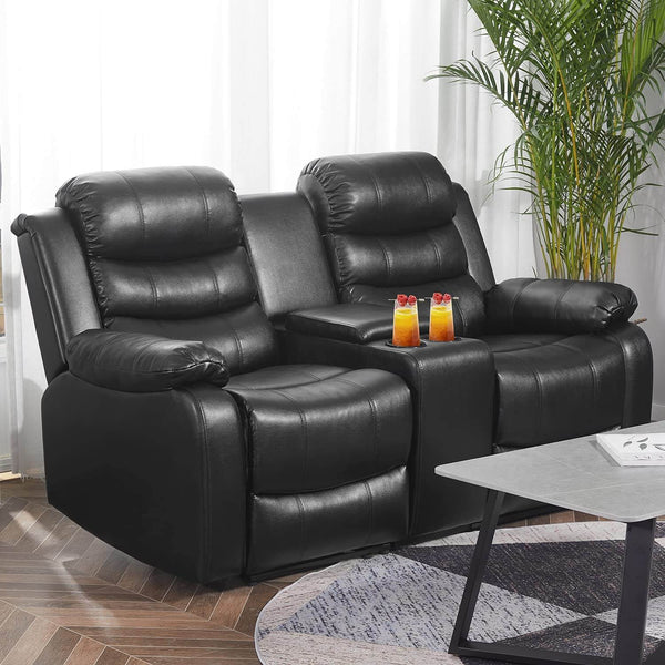 Homrest Manual Reclining Double Loveseat with Storage Console , Black